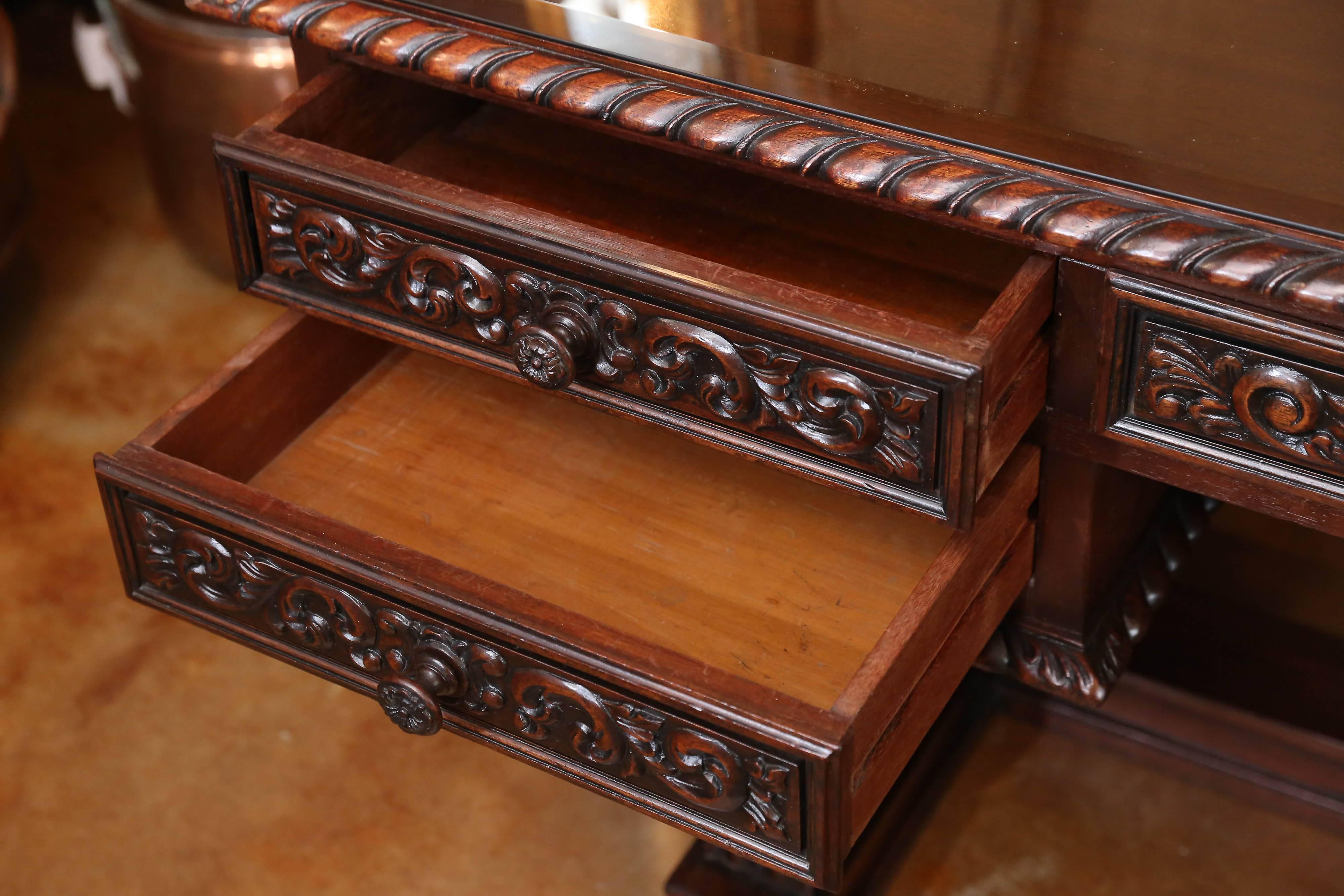 Antique Spanish Desk Carved in Mahogany with Serpentine Curved Legs 2