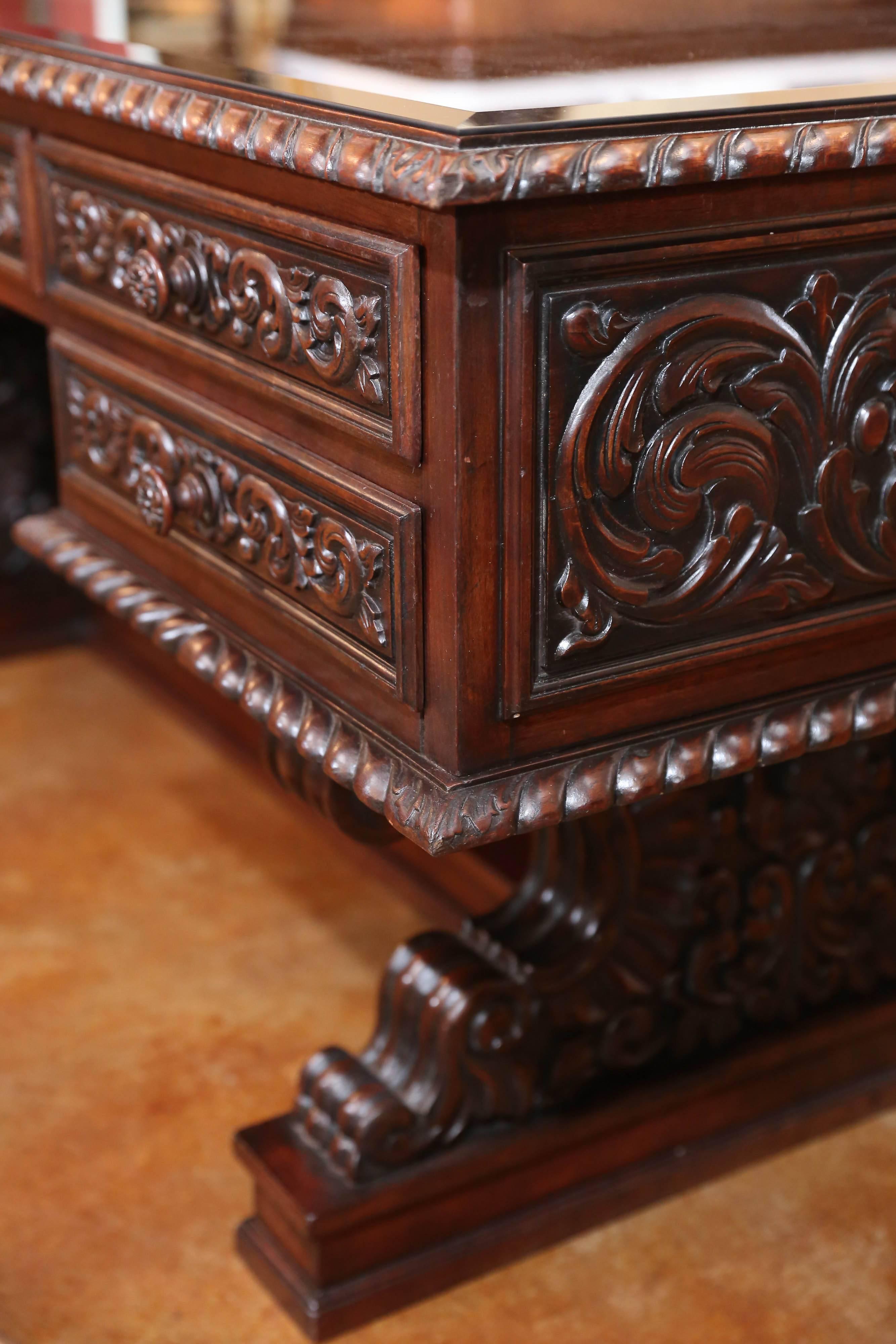Antique Spanish Desk Carved in Mahogany with Serpentine Curved Legs 4