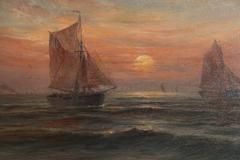 Öl auf Leinwand, Schiffe bei Sonnenuntergang, signiert unten links „Romain Steppe“