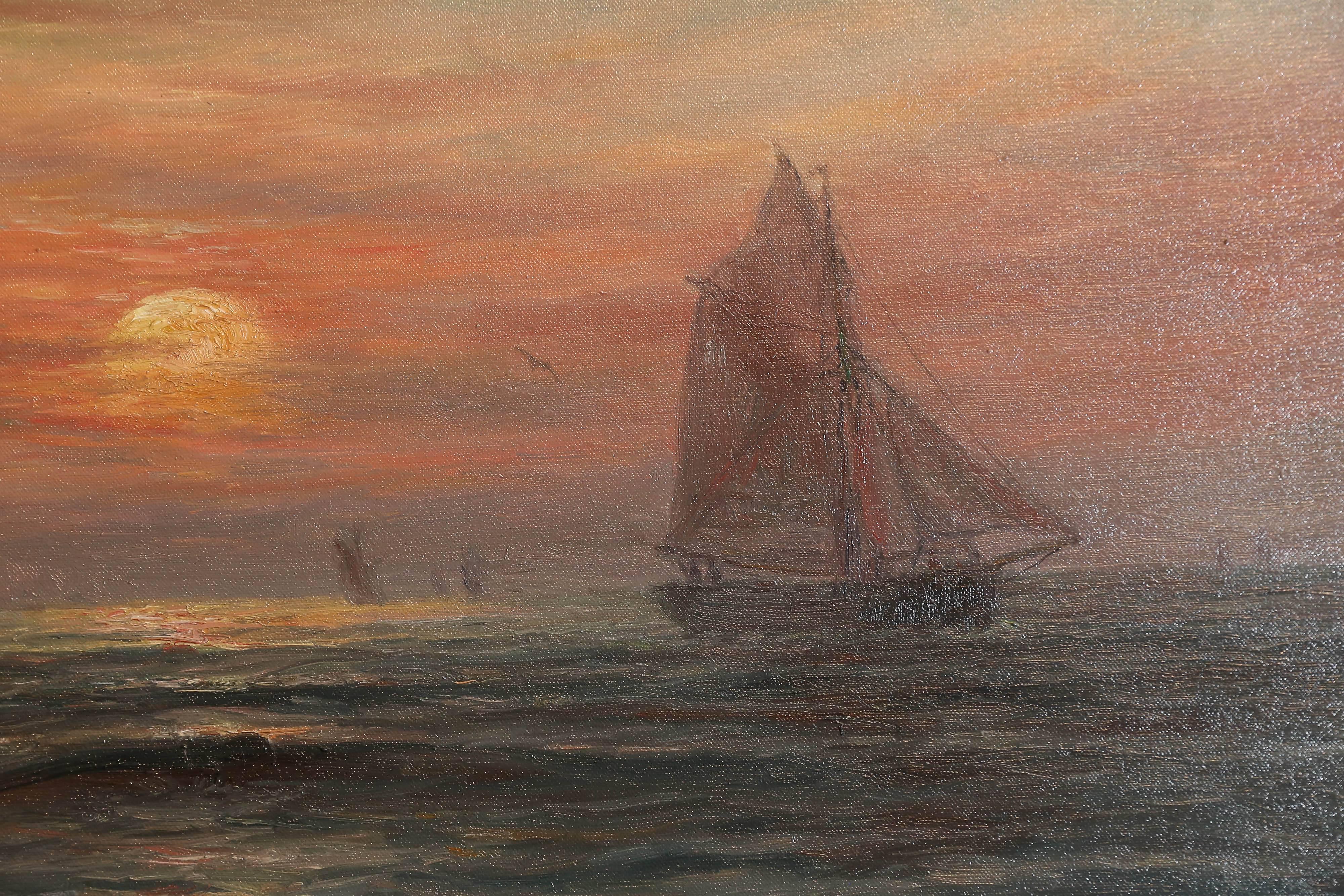 Huile sur toile, Ships at Sunset signée en bas à gauche « Romain Steppe » Excellent état - En vente à Houston, TX