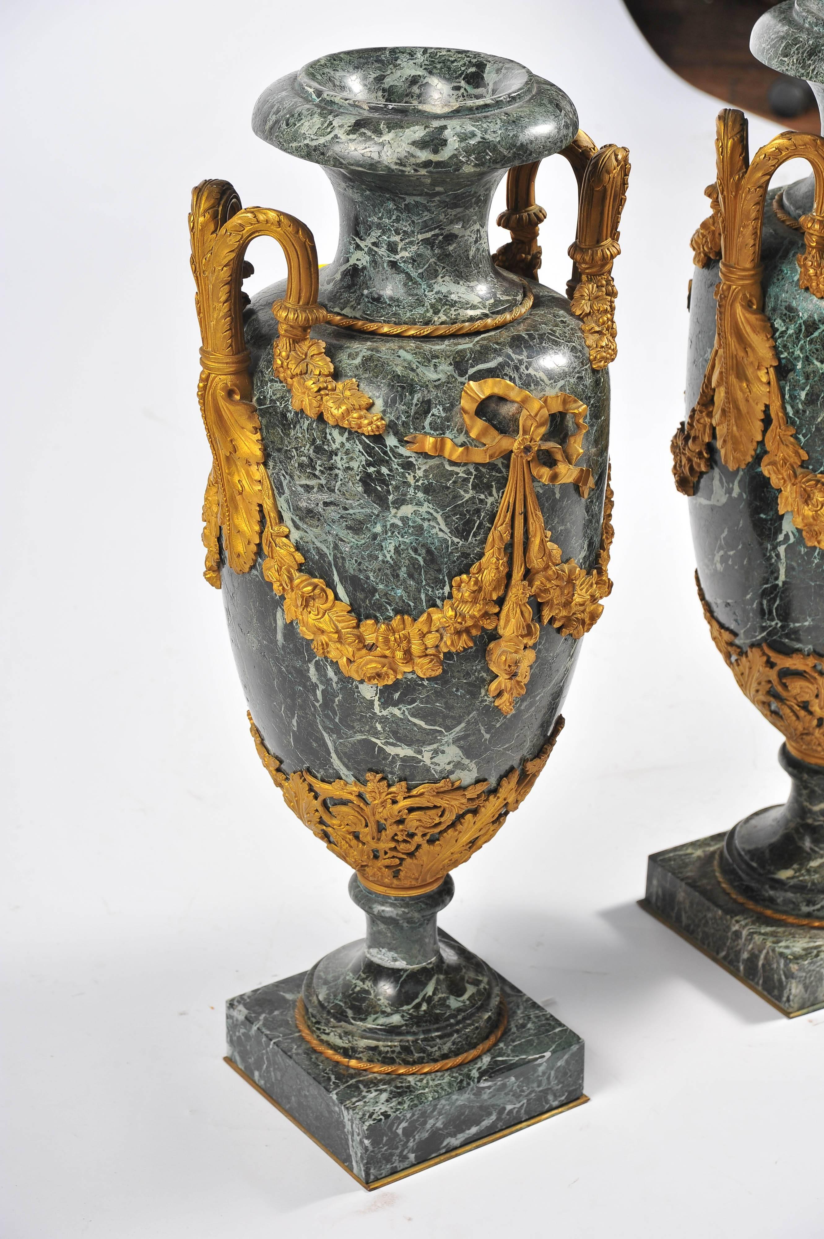 Louis XV Large Pair of 19th Century Green Marble and Ormolu Urns For Sale
