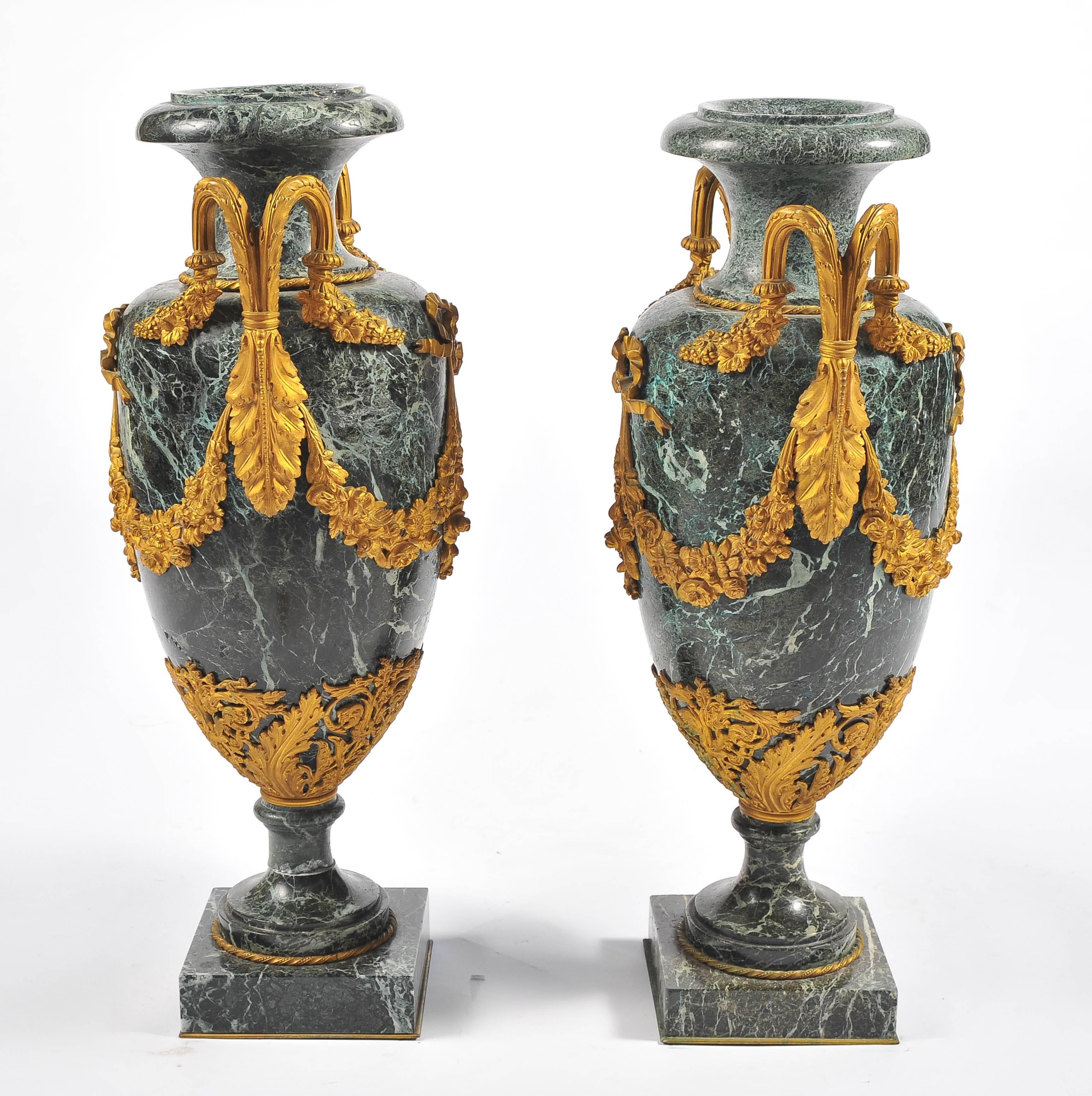 French Large Pair of 19th Century Green Marble and Ormolu Urns For Sale