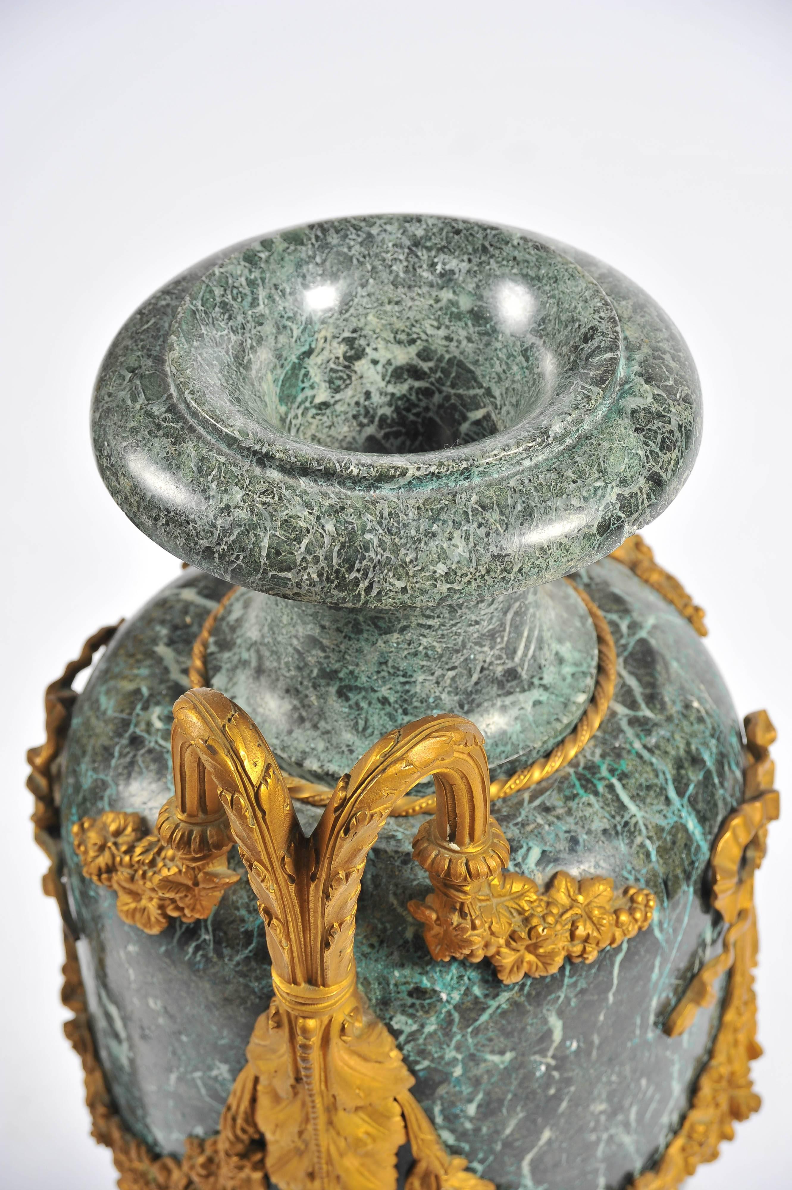 Gilt Large Pair of 19th Century Green Marble and Ormolu Urns For Sale