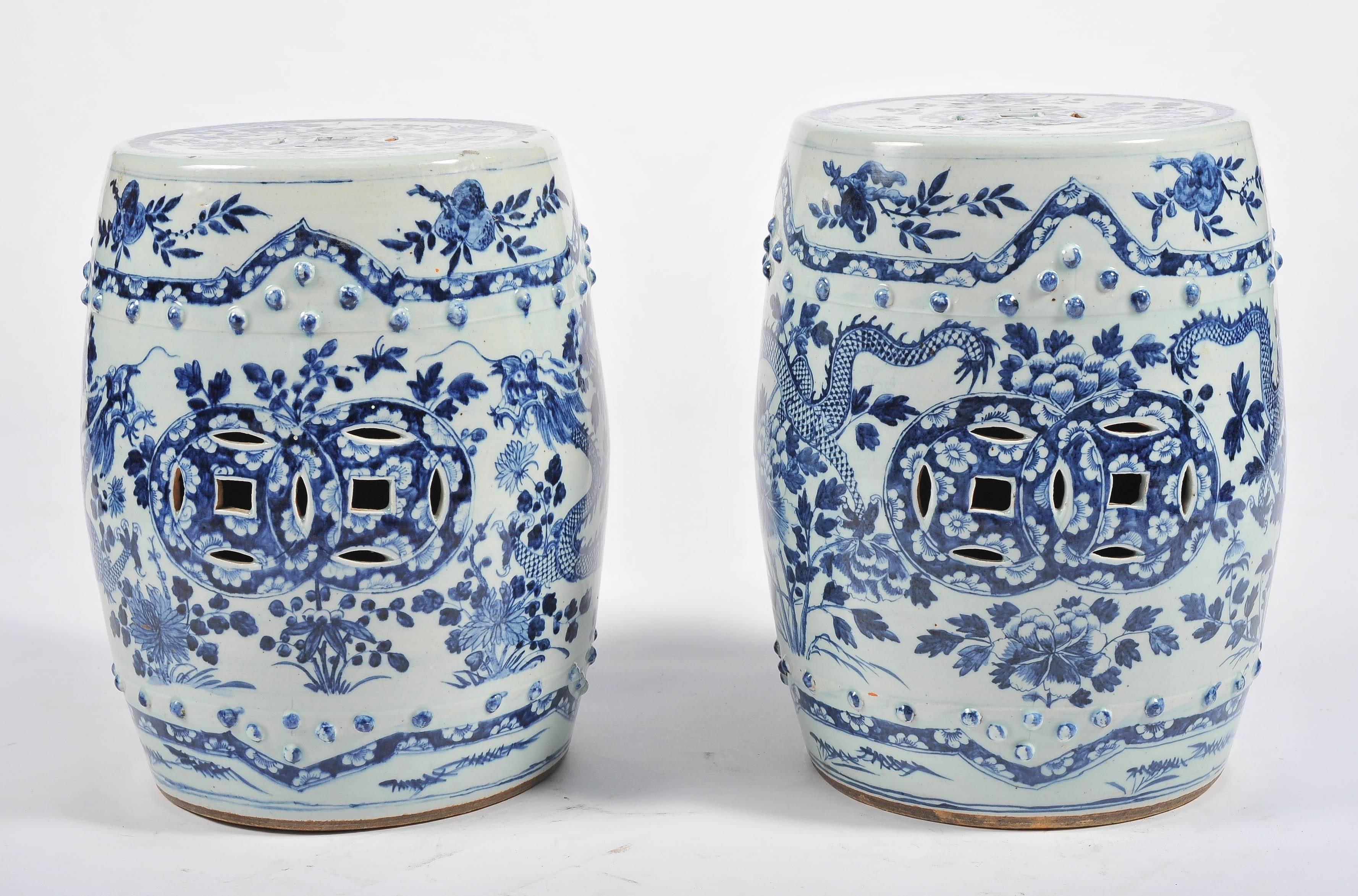 Hand-Painted Pair of 19th Century Chinese Blue and White Garden Seats