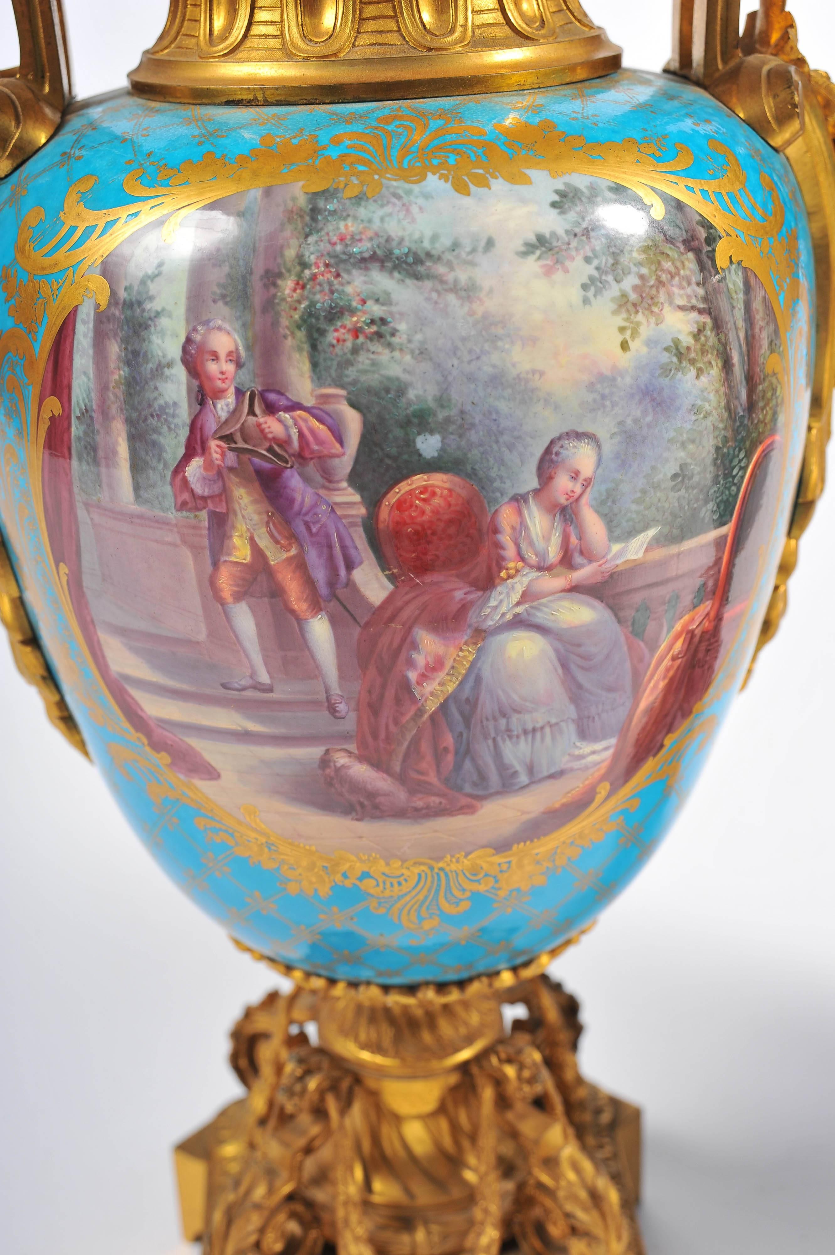 French Pair of 19th Century Sevres, Ormolu-Mounted Vases For Sale