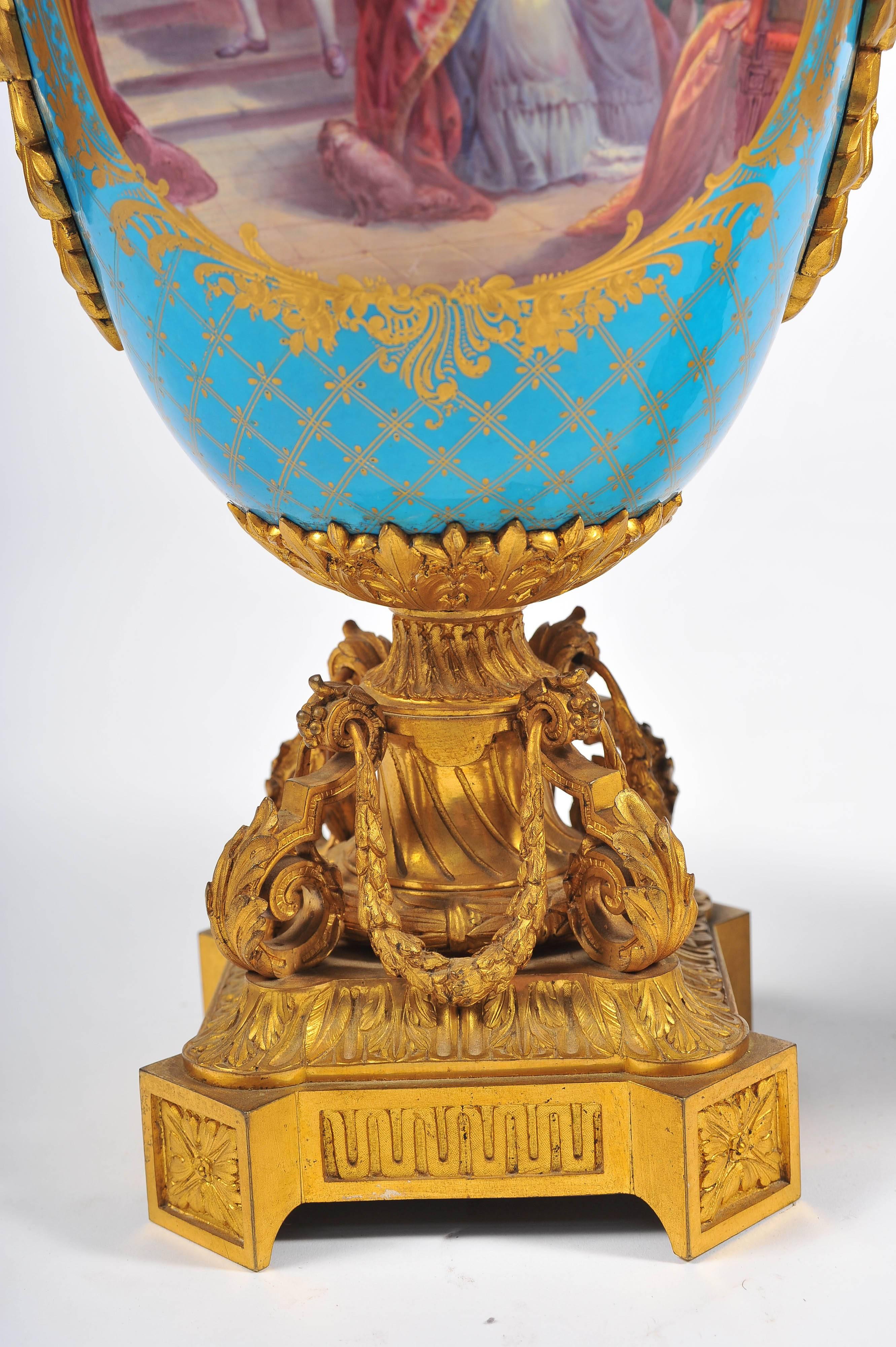 Porcelain Pair of 19th Century Sevres, Ormolu-Mounted Vases For Sale