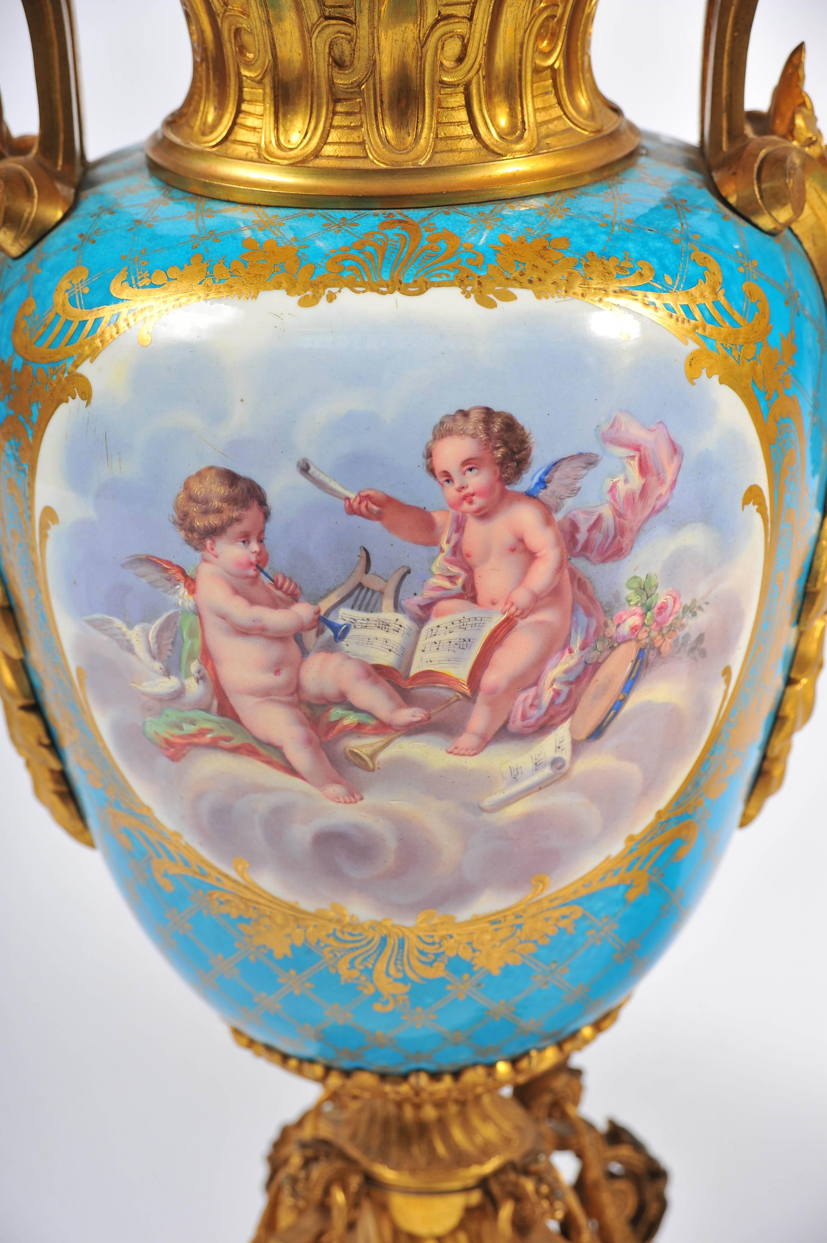 Pair of 19th Century Sevres, Ormolu-Mounted Vases For Sale 3