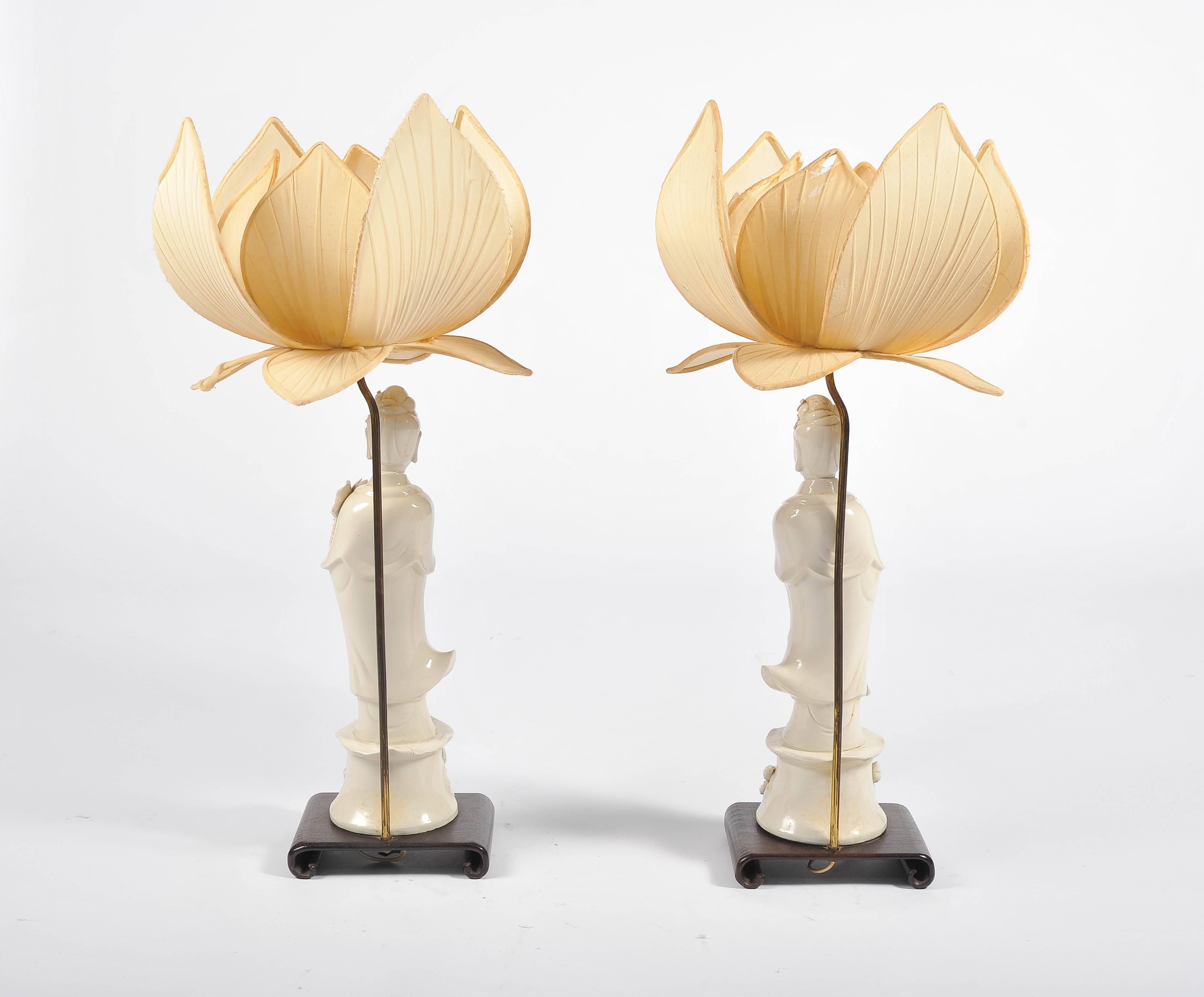 20th Century Pair of Chinese Blanc De Chine Guanyin Lamps