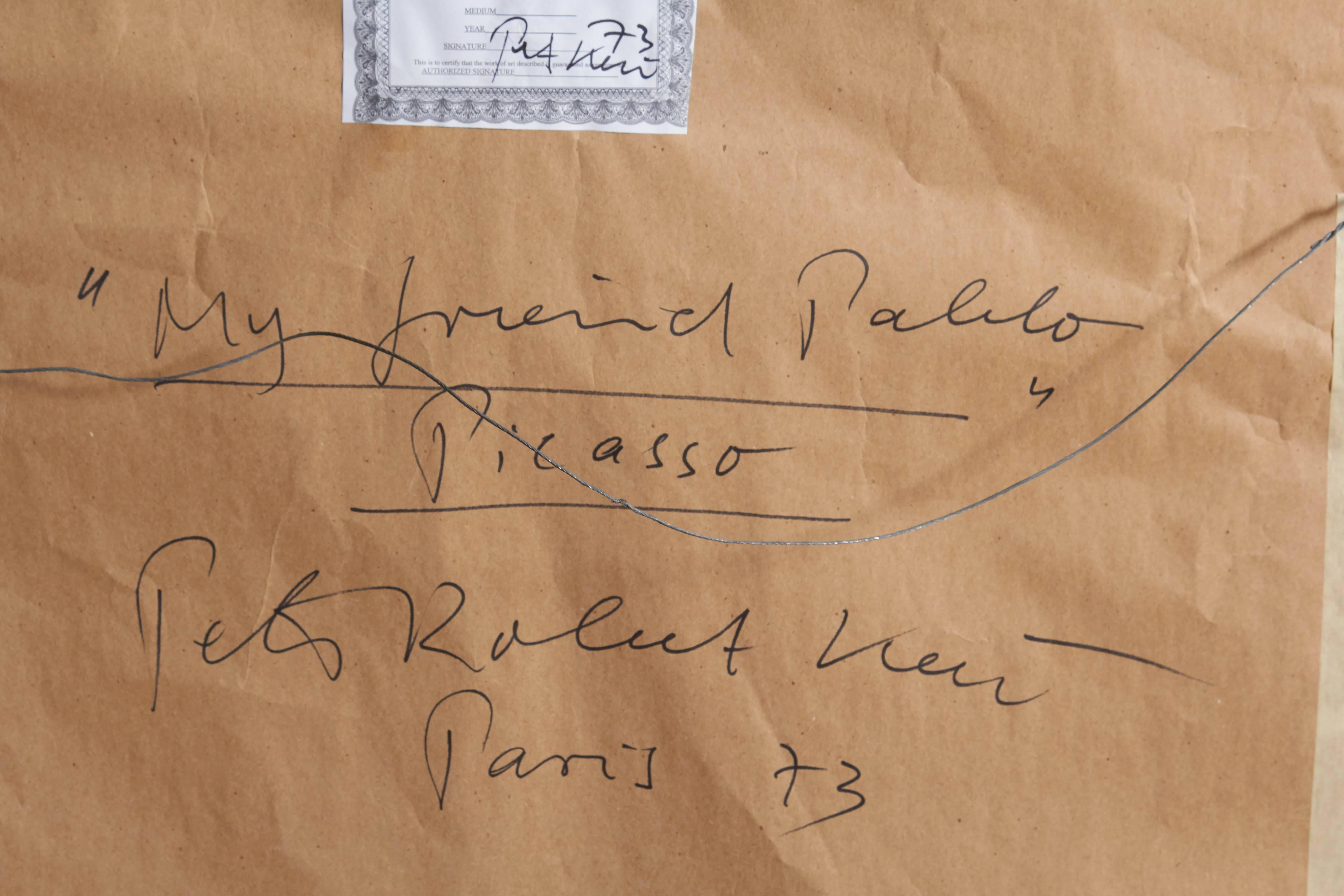 Peter Robert Keil, „Mein Freund Pablo Picasso“, Öl auf Karton, signiert und datiert (Französisch) im Angebot