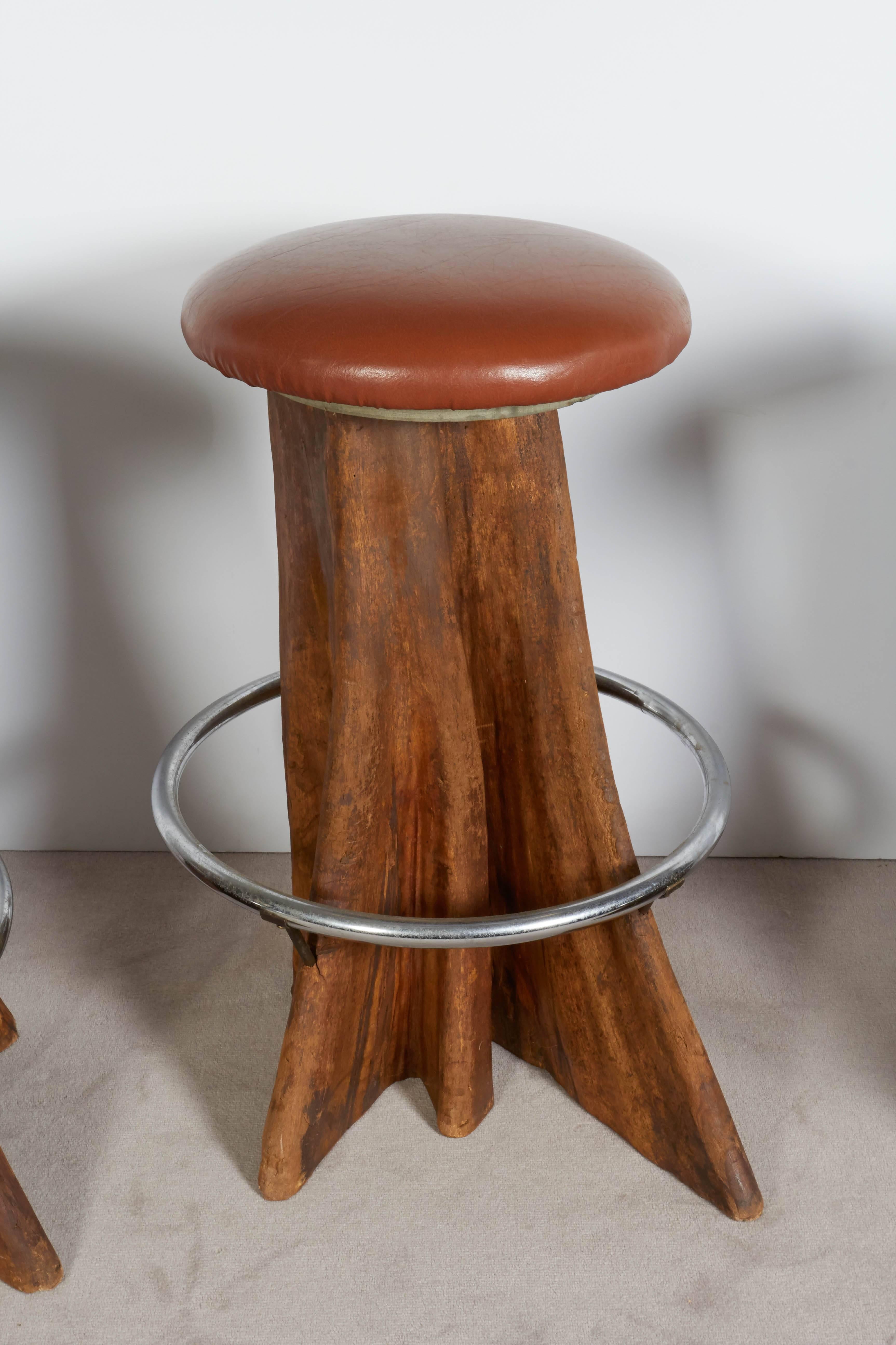 Organic Modern Set of Three José Zanine Caldas Barstools on Cypress Trunk Bases
