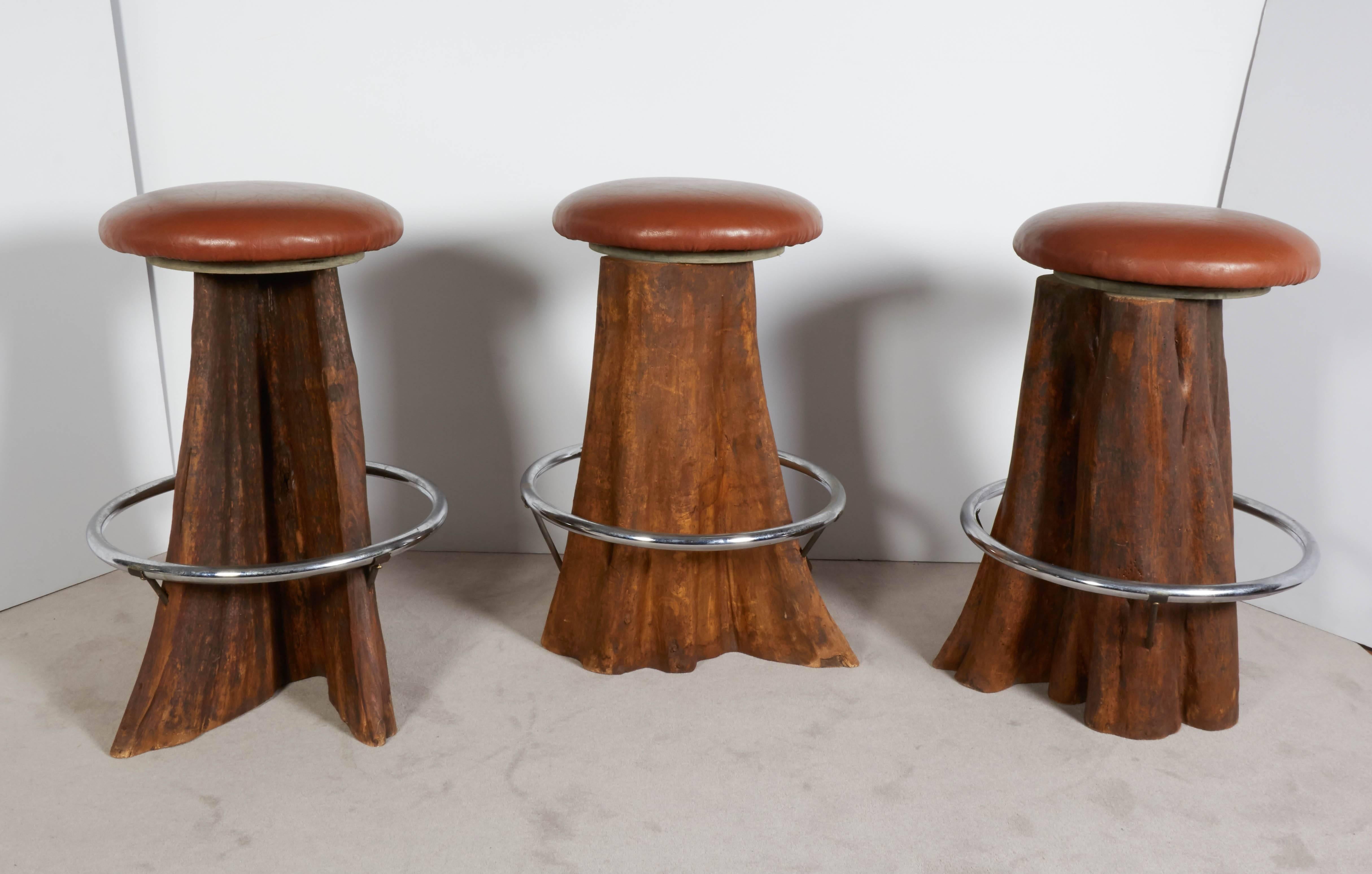 Set of Three José Zanine Caldas Barstools on Cypress Trunk Bases In Excellent Condition In New York, NY