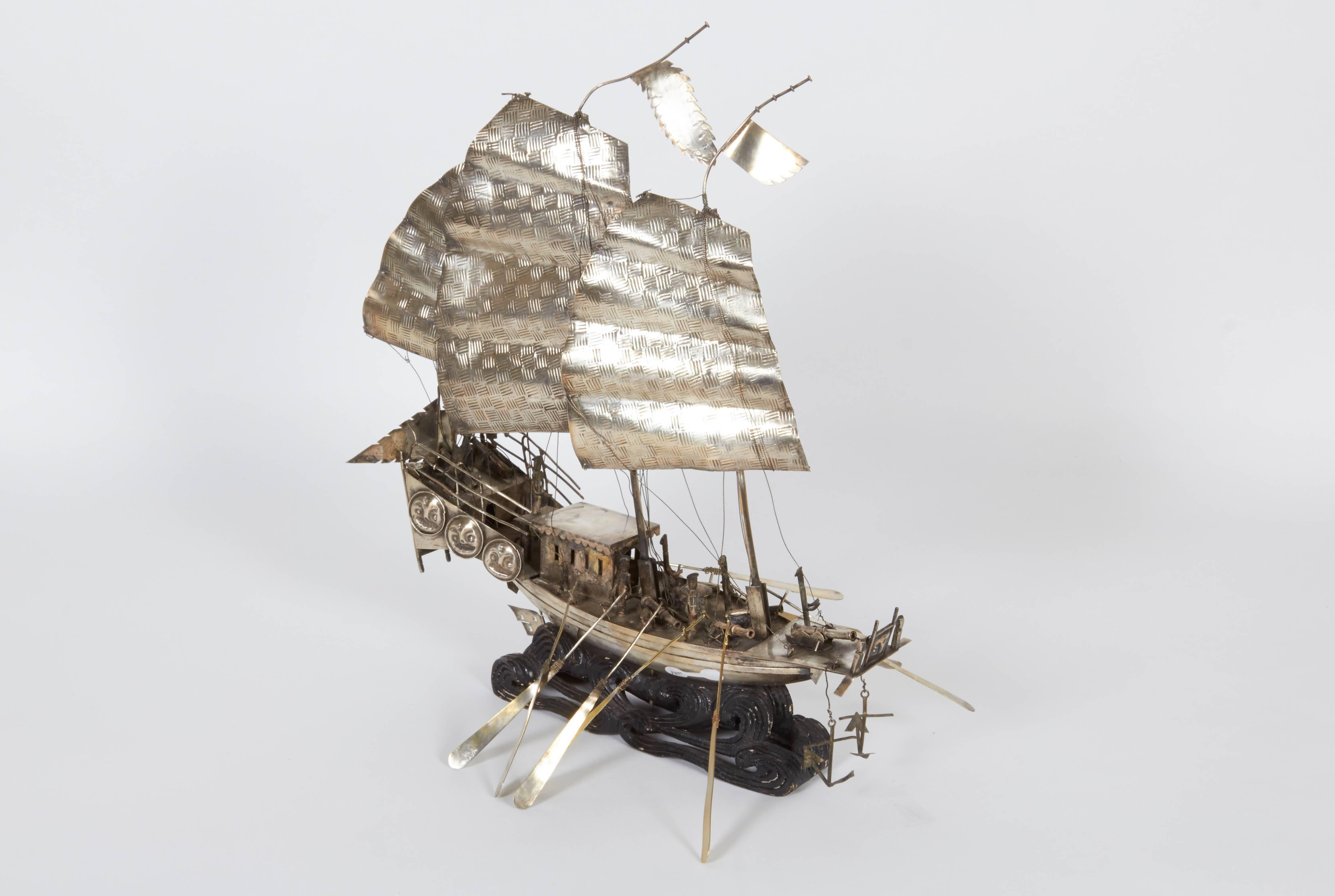 Mixed Metal Early 20th Century Chinese Export Model Battleship on Stand