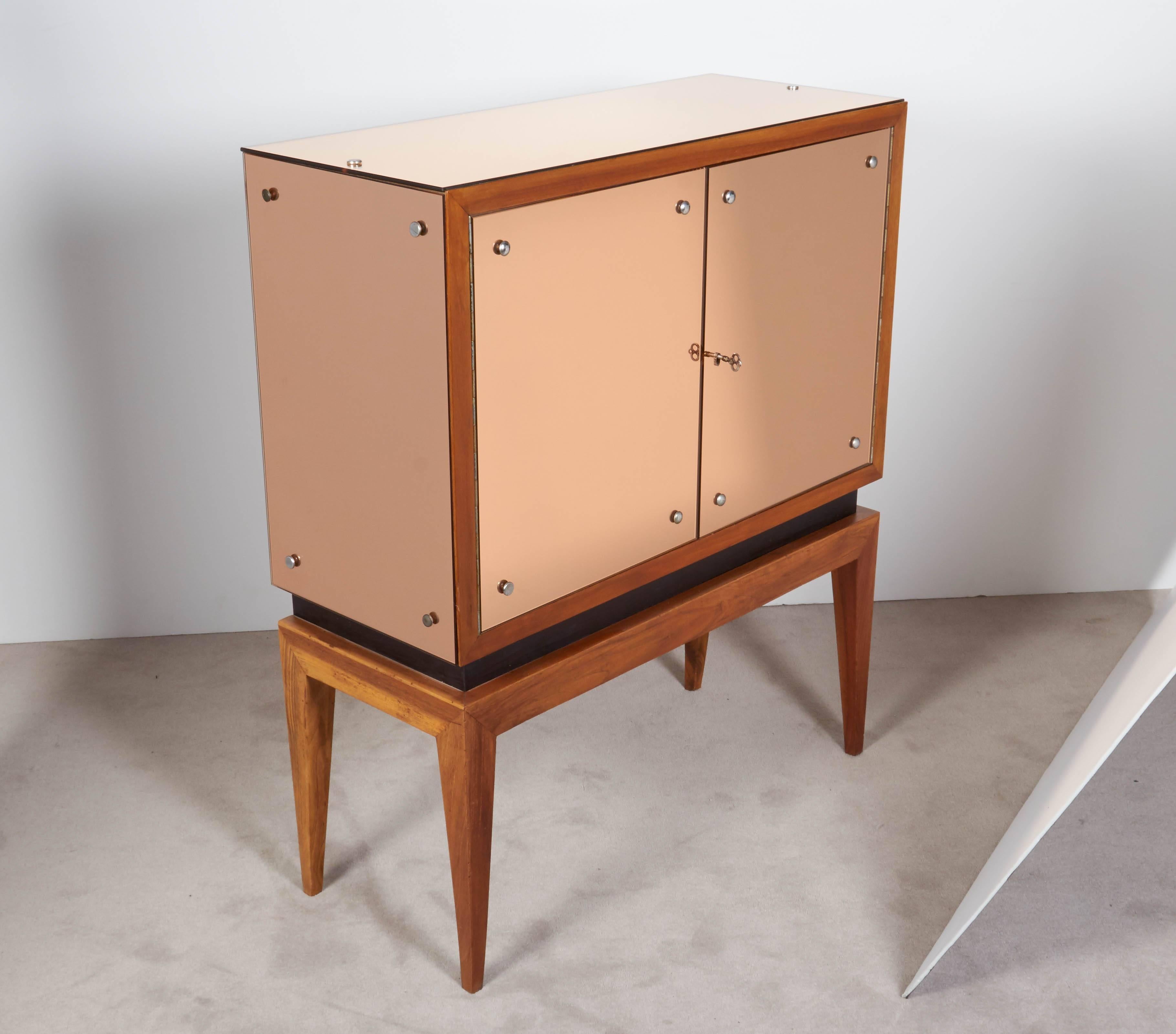 Glass Mid-Century Modern Locking Cabinet with Rose-Tinted Mirrors