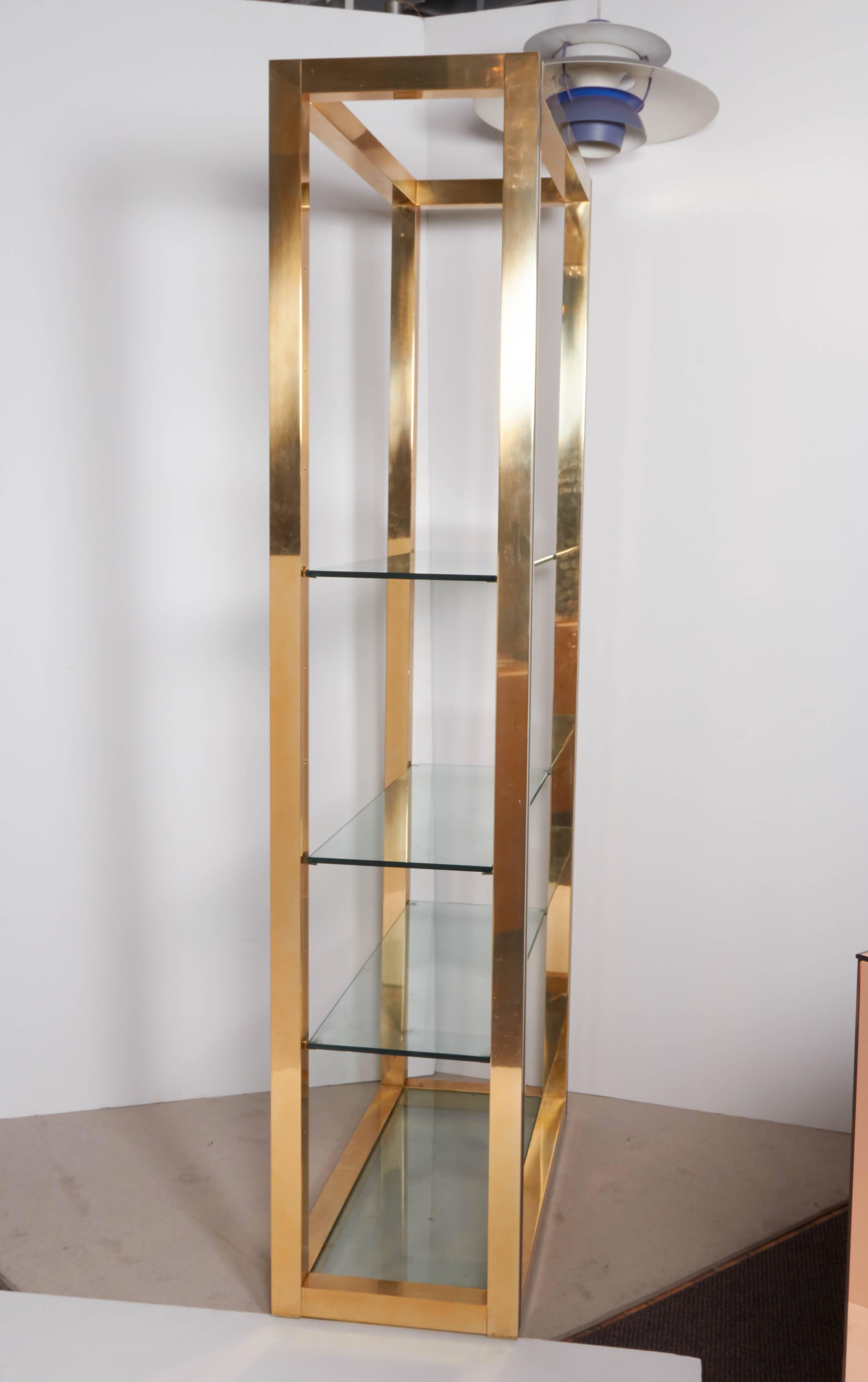 Milo Baughman Style 1970s Brass Etagere with Faux Leather Accent In Good Condition In New York, NY