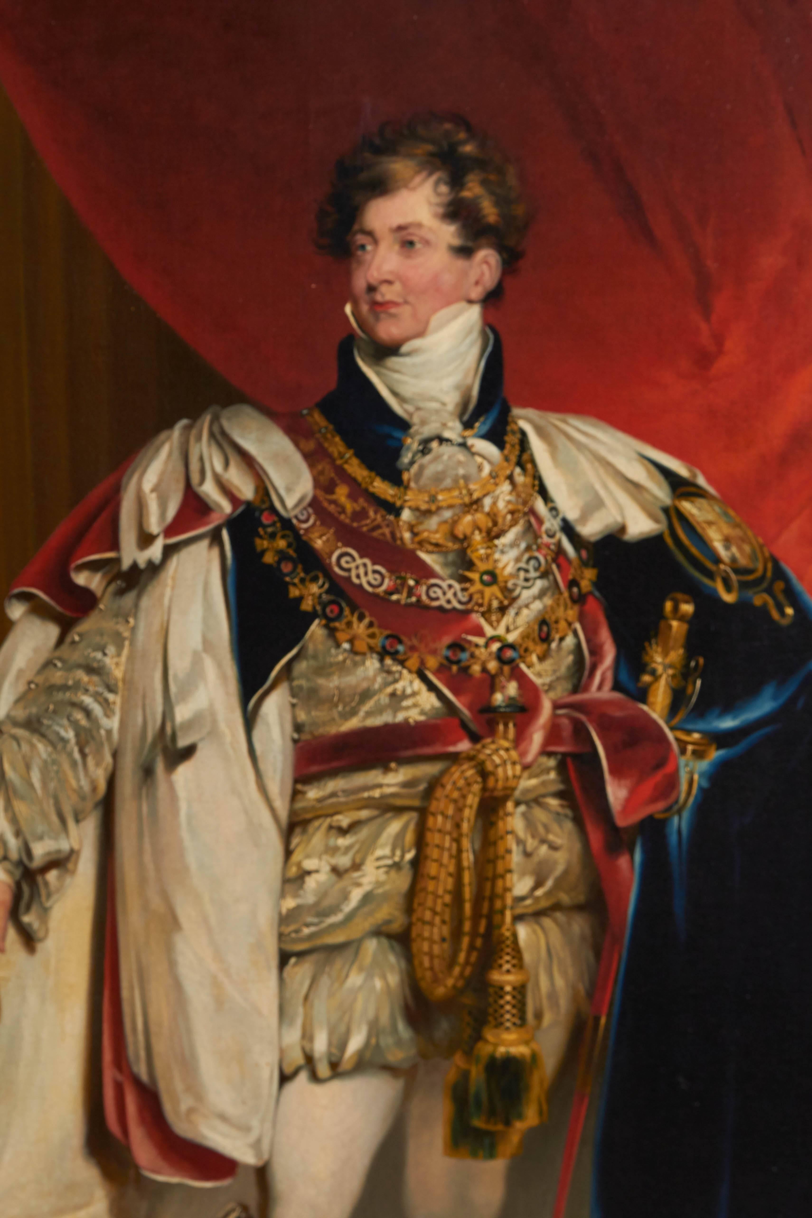A museum copy of the oil on canvas coronation portrait of King George IV (1762-1830), from the studio of Sir Thomas Lawrence (1769-1830), currently on display in the Baltimore Museum of Art. Includes original giltwood Rococo style frame. Excellent