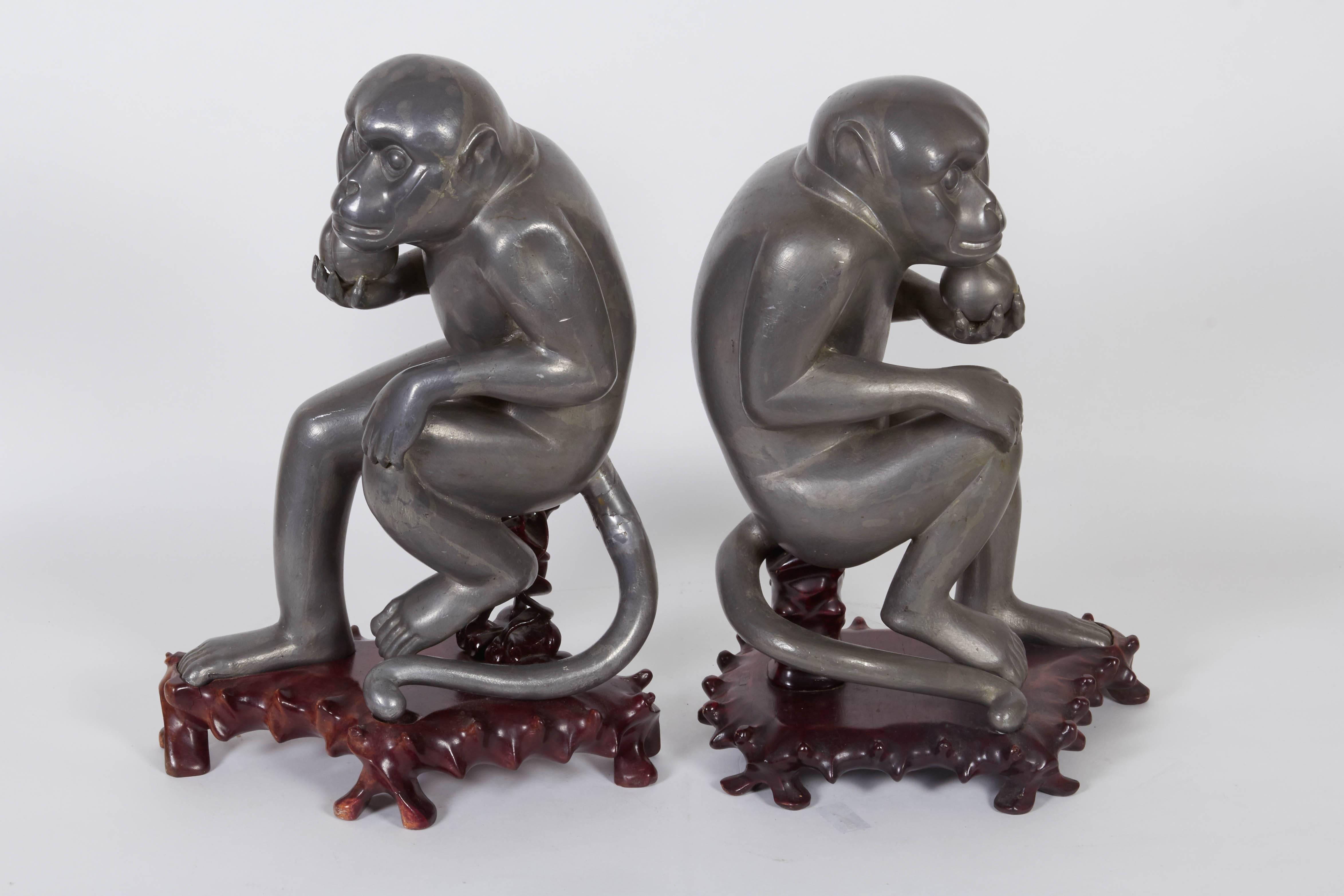 Carved Pair of Chinese Export Pewter Monkey Sculptures on Bases