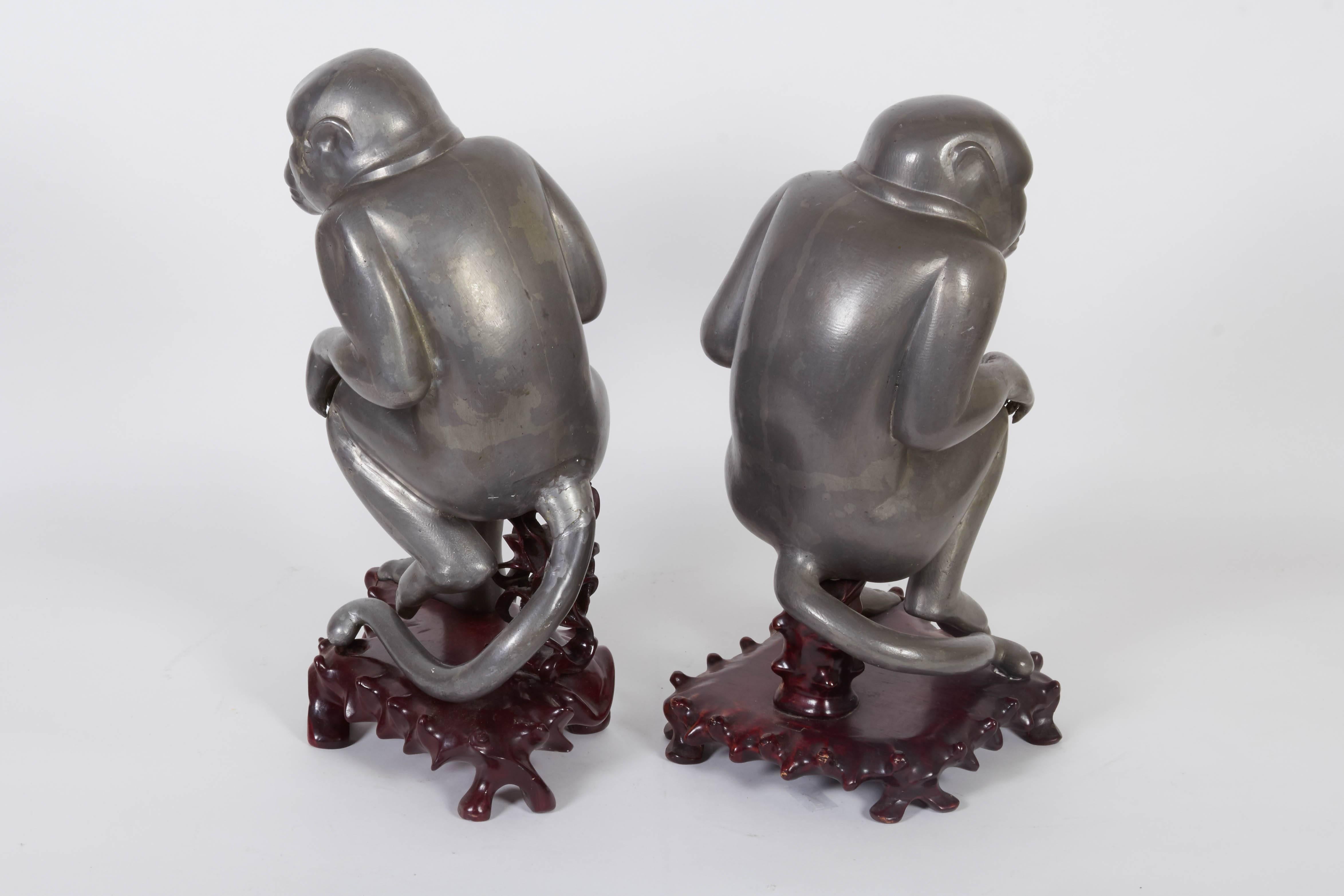 Pair of Chinese Export Pewter Monkey Sculptures on Bases In Good Condition In New York, NY
