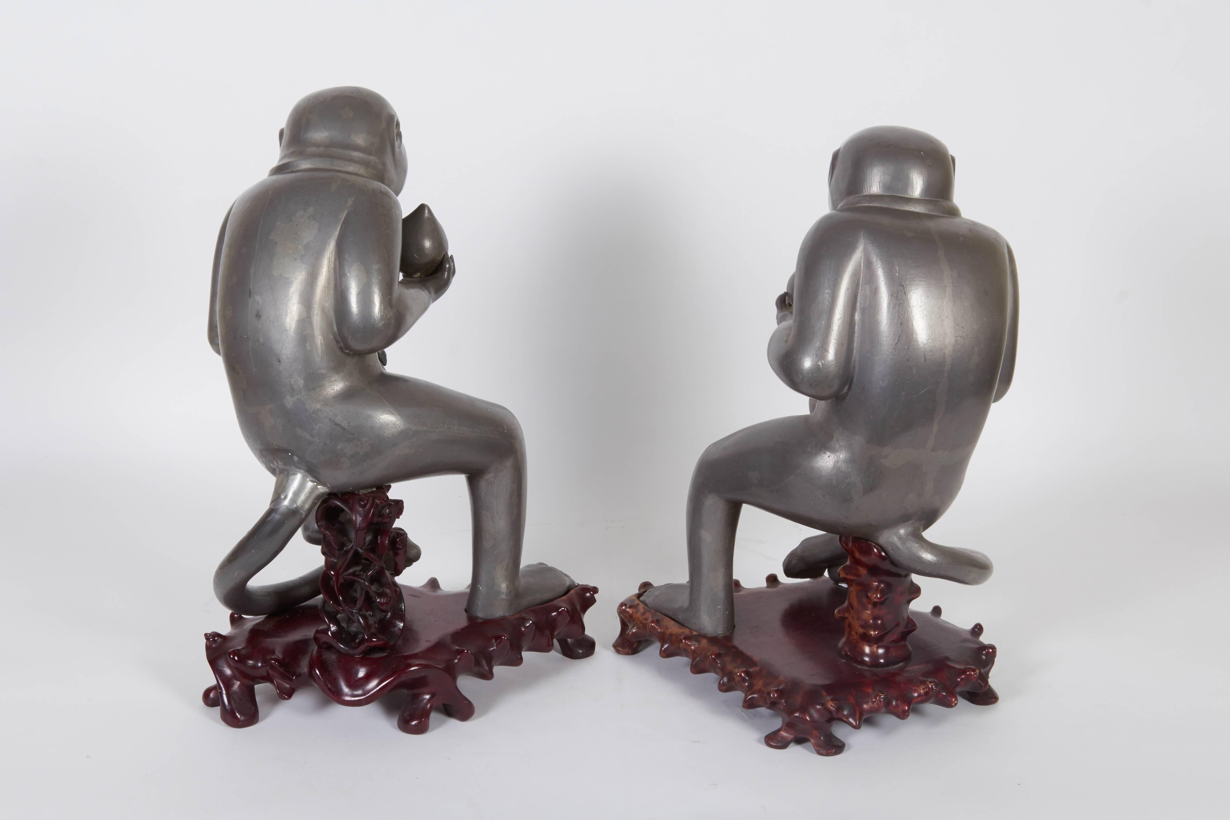 19th Century Pair of Chinese Export Pewter Monkey Sculptures on Bases
