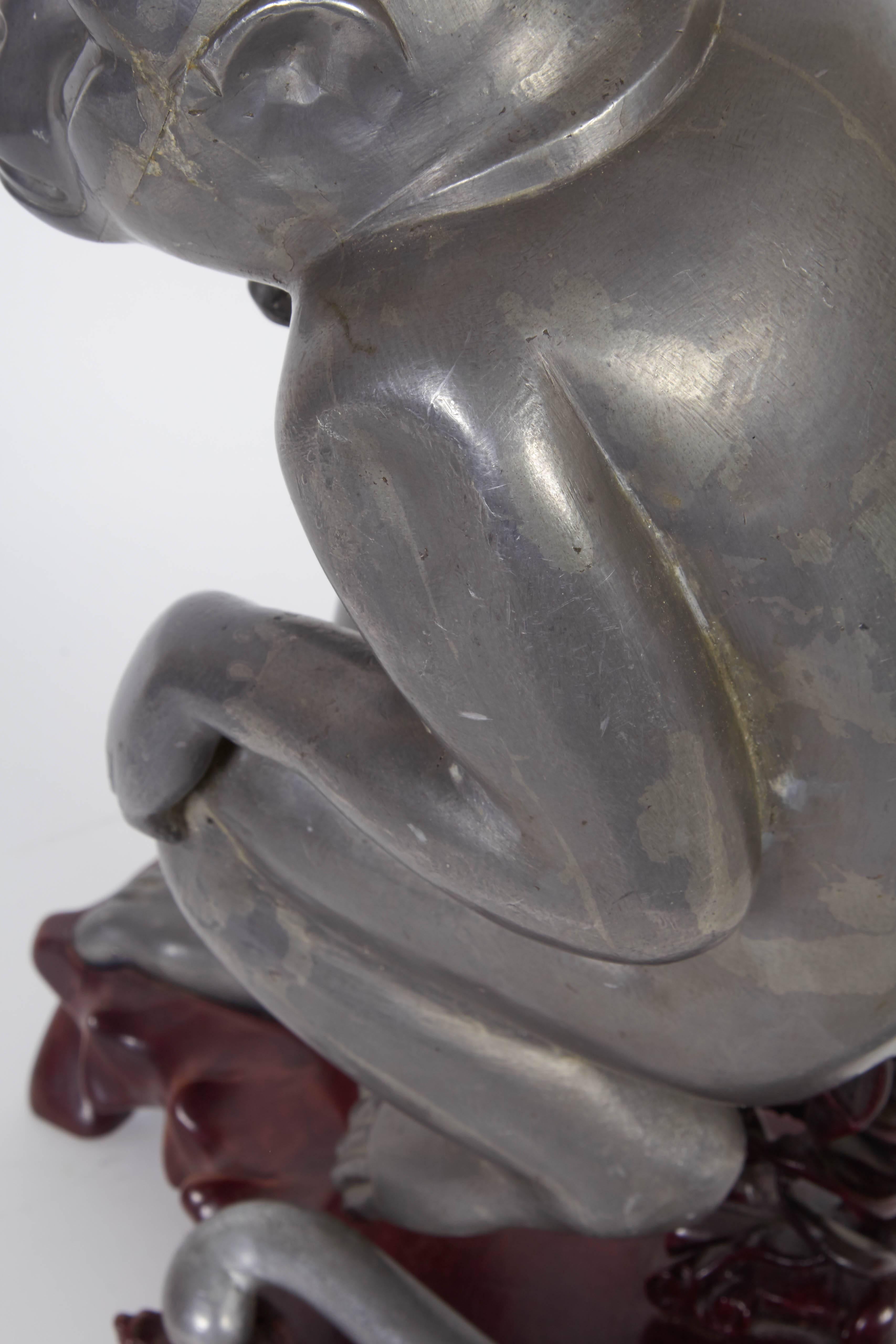 Pair of Chinese Export Pewter Monkey Sculptures on Bases 4