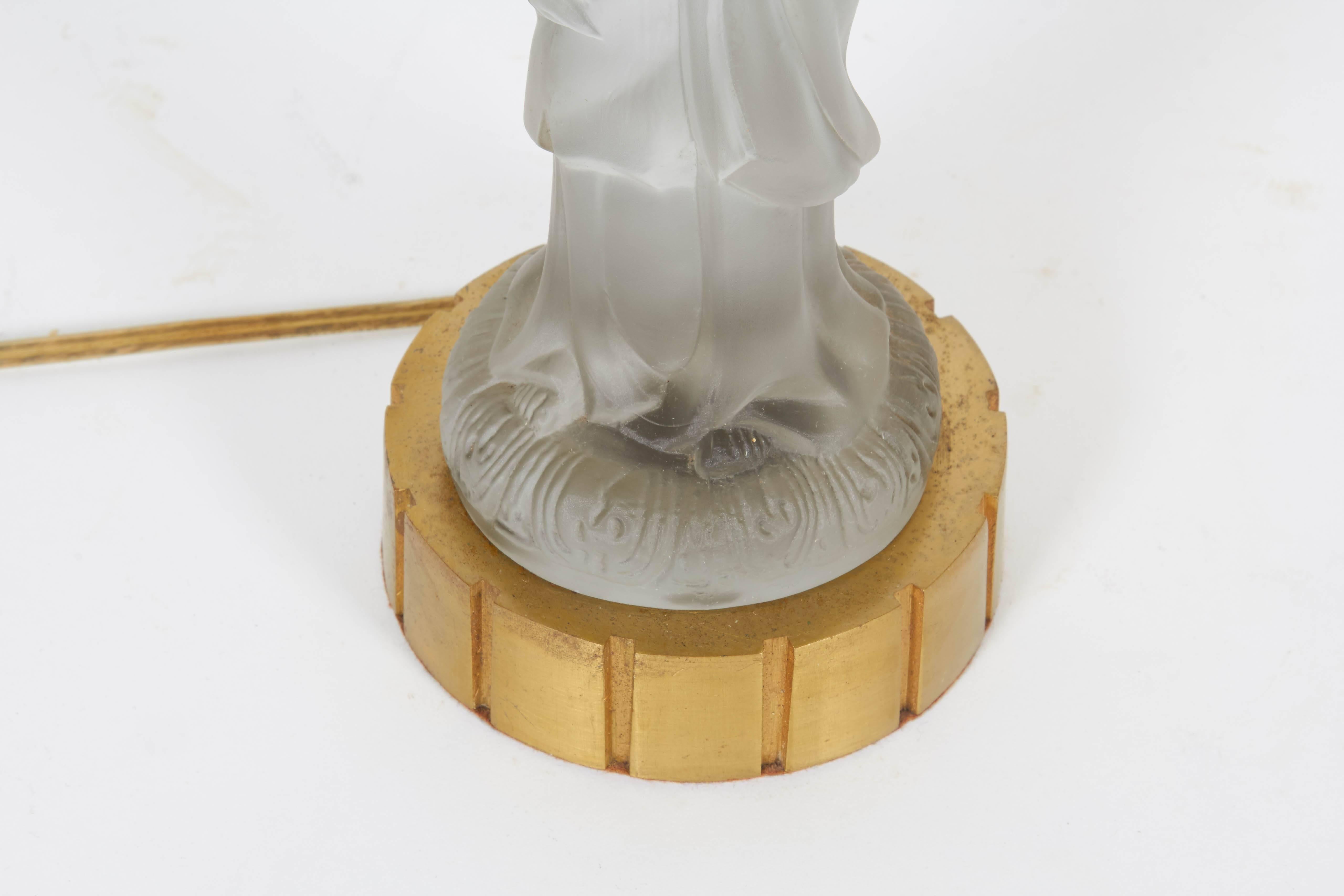 Frosted Pair of 1920s Figural Satin Glass Quan Yin Lamps