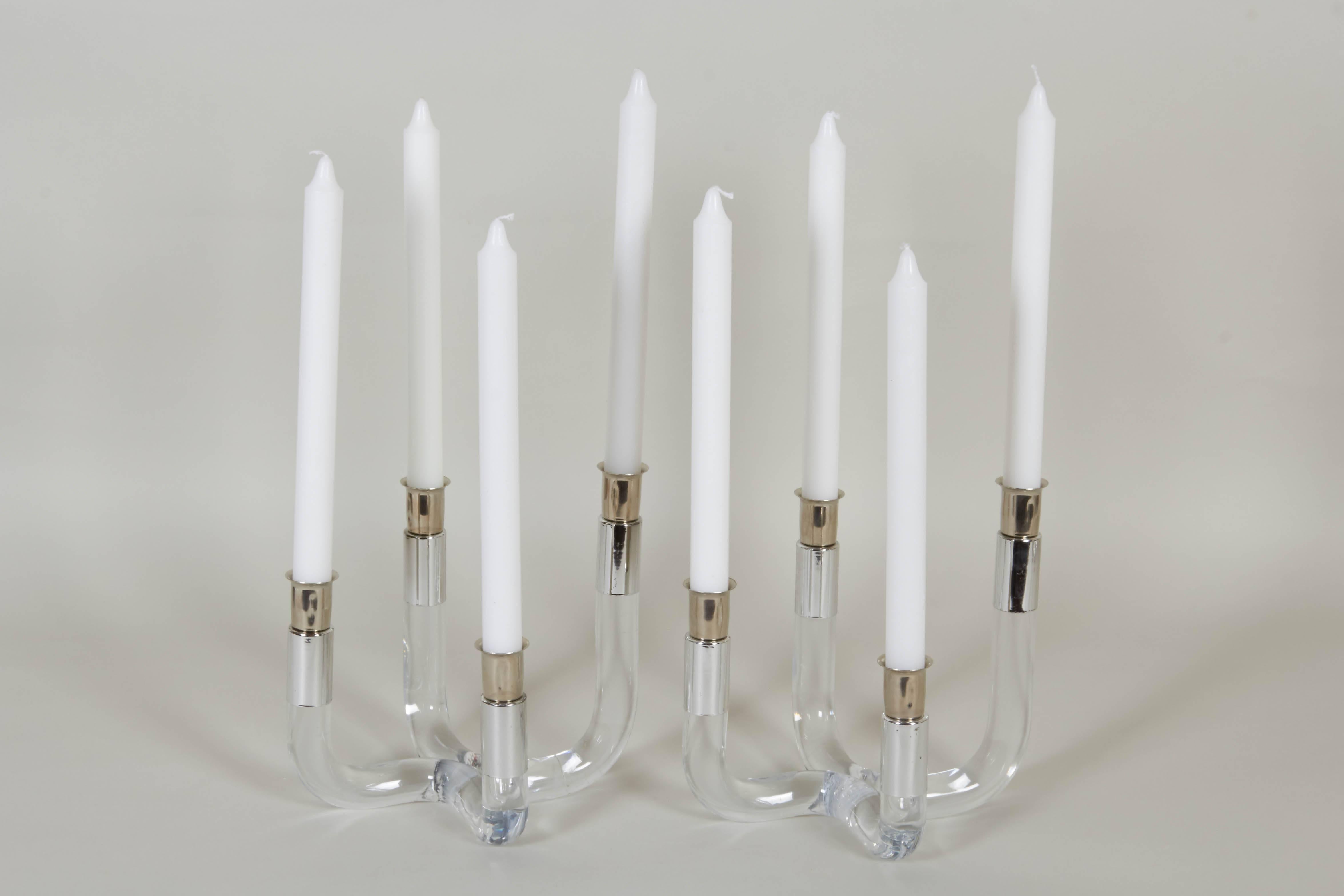 Mid-Century Modern Set of Four Dorothy Thorpe Style Lucite and Chrome Candleholders