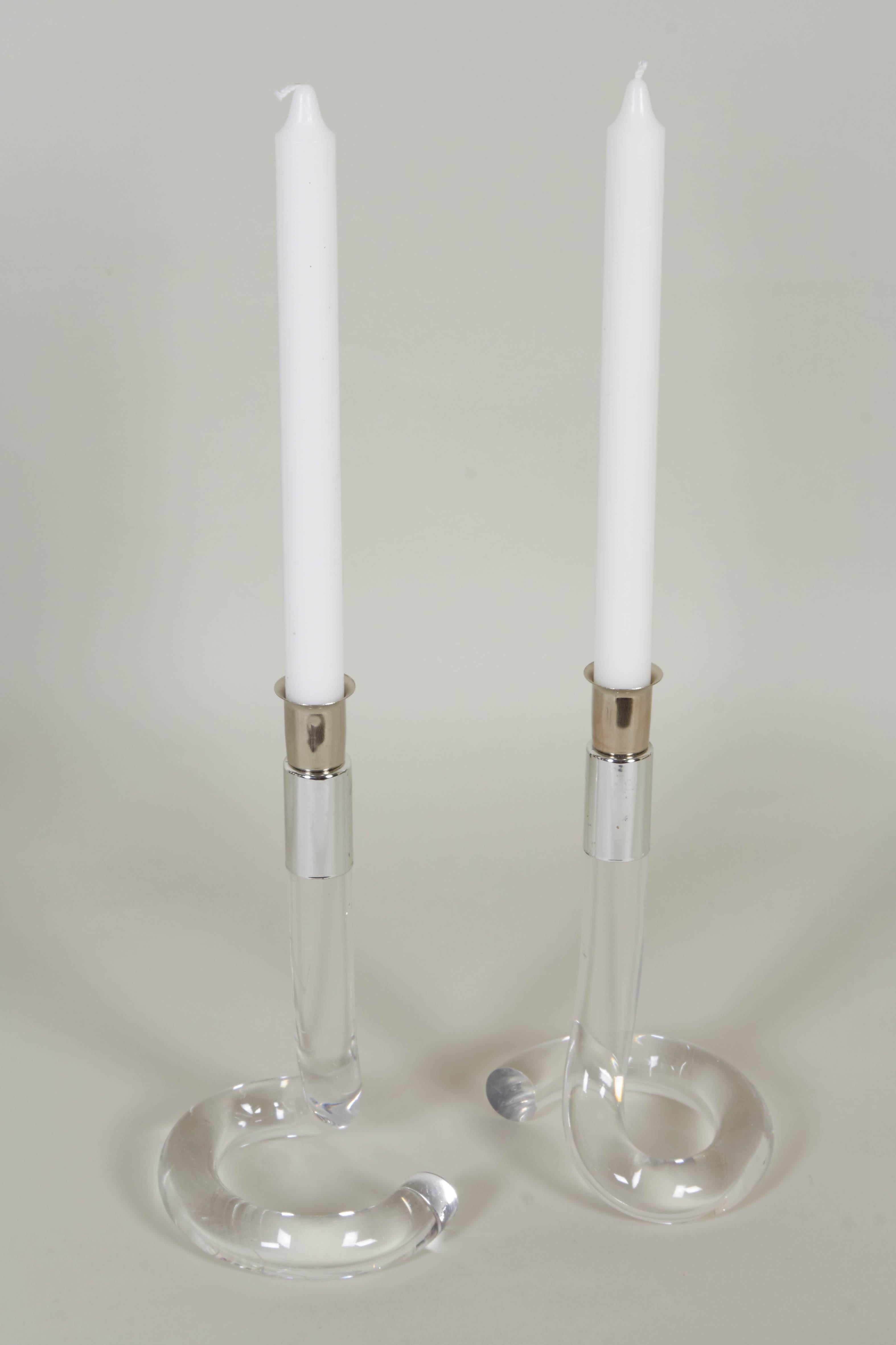 American Set of Four Dorothy Thorpe Style Lucite and Chrome Candleholders