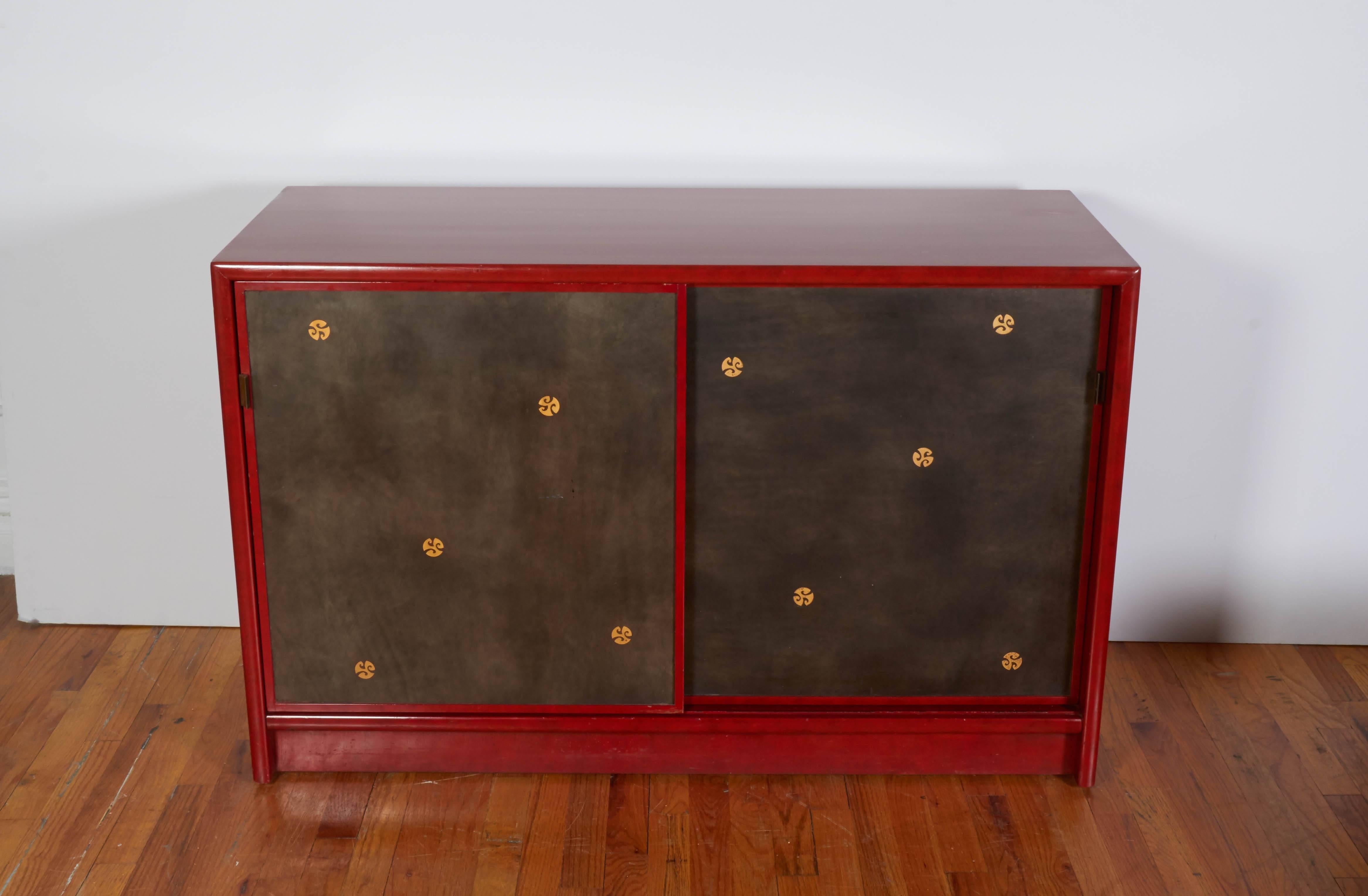 Mid-Century Modern Pair of Tommi Parzinger Style Red Lacquer Asian Cabinets