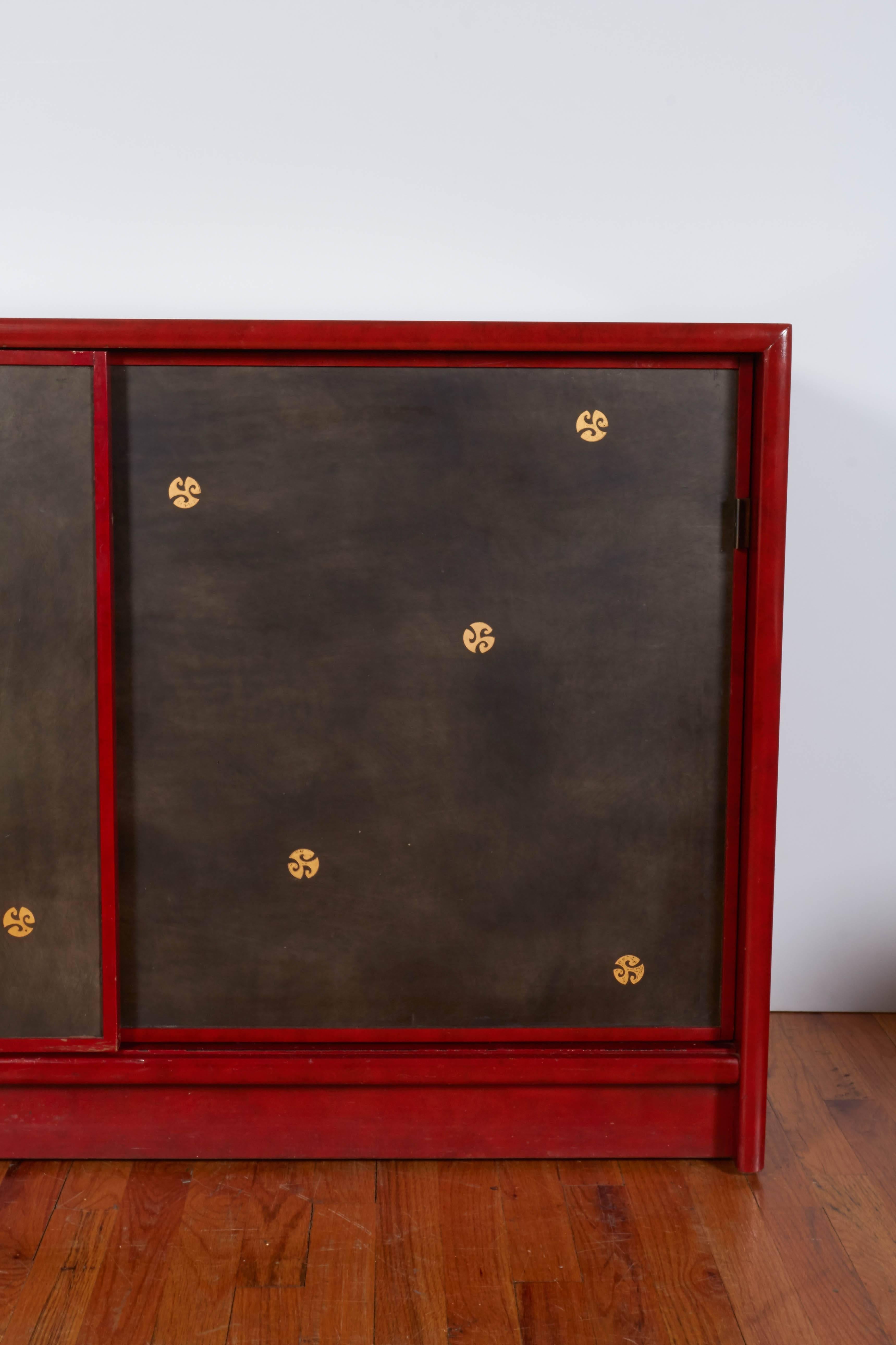 Gilt Pair of Tommi Parzinger Style Red Lacquer Asian Cabinets