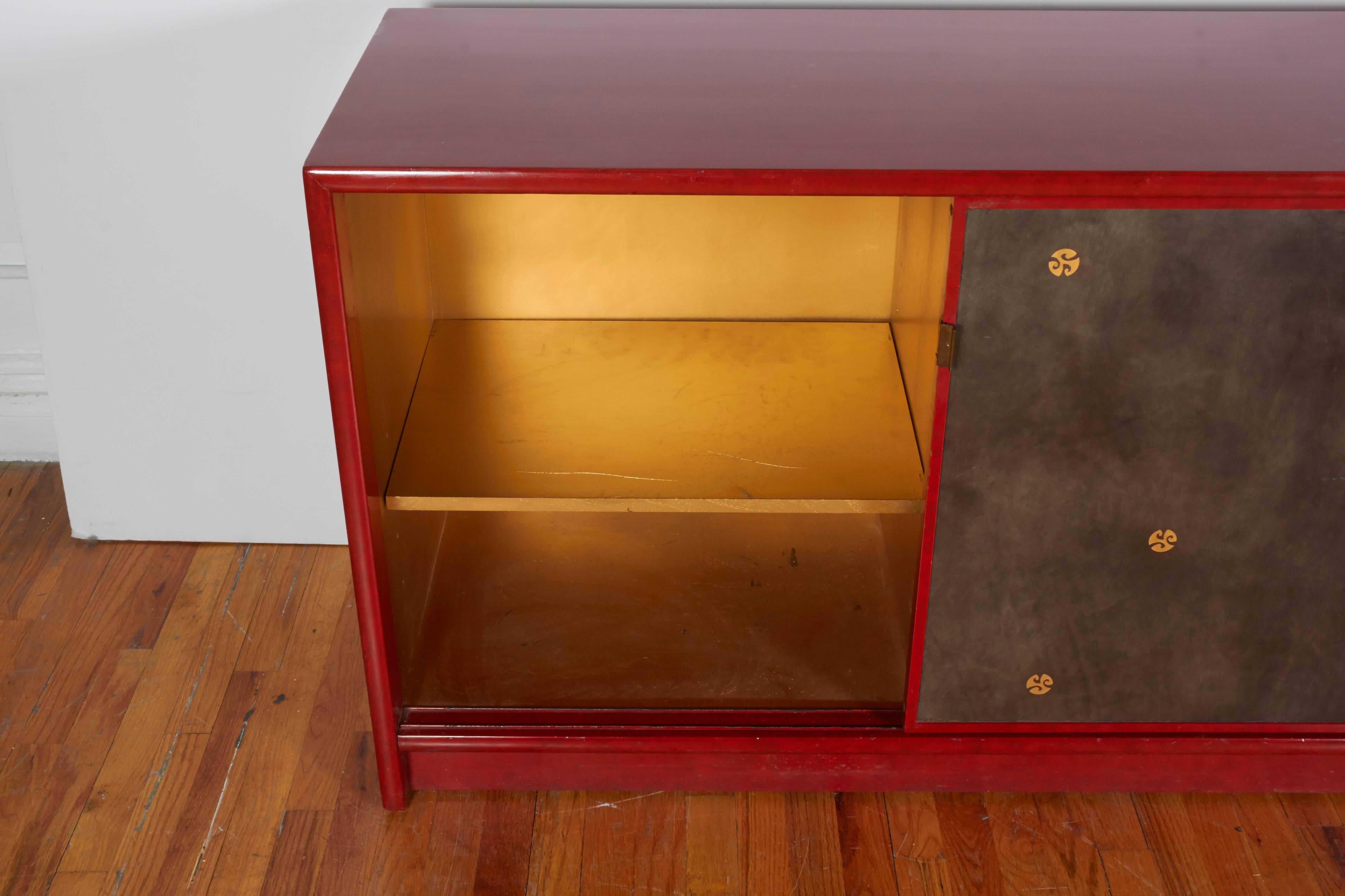 20th Century Pair of Tommi Parzinger Style Red Lacquer Asian Cabinets