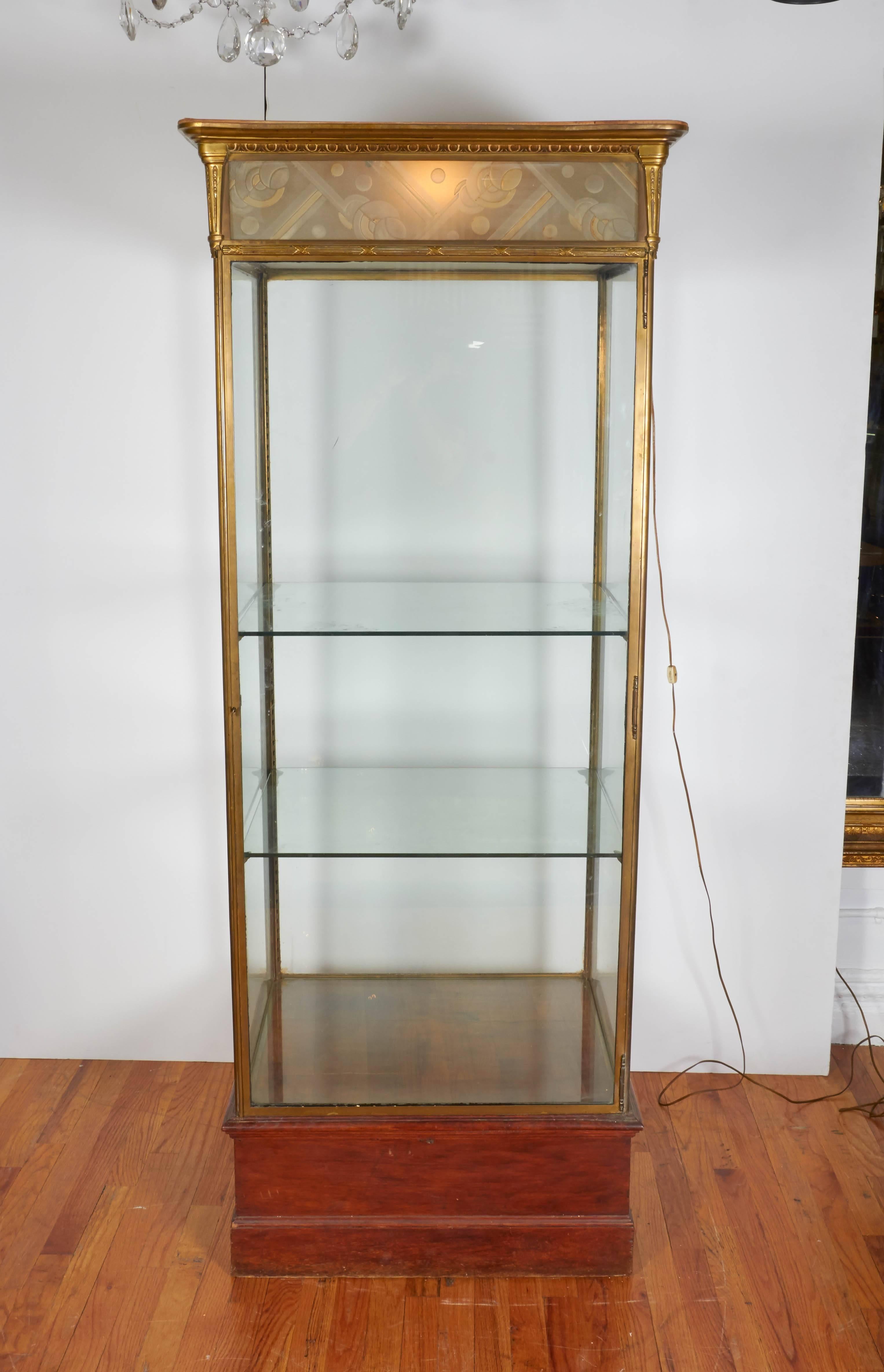 Art Deco era illuminated vitrine and showcase display, circa 1930s, with single door, glass sided against a brass frame with classical elements, decorative frosted and etched glass panels as shade, the interior with two shelves, raised on wood base.