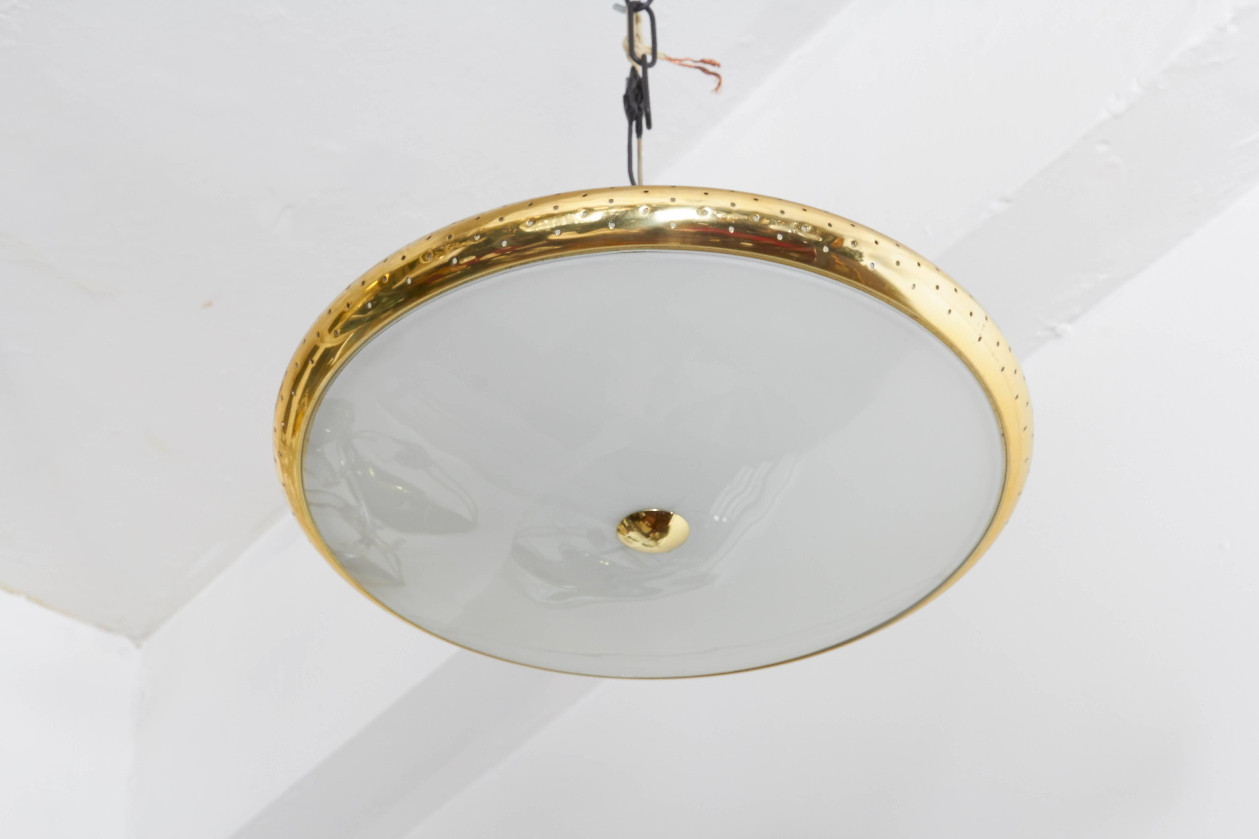 Mid-Century Modern Perforated Brass and Frosted Glass Saucer Pendant In Good Condition In New York, NY