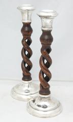Pair of Arts & Crafts Sterling Silver-Mounted Barley Twist Wood Candlesticks