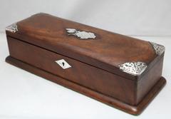 Edwardian Sterling Silver Mounted Walnut Jewelry or Trinkets Box with Hinged Lid