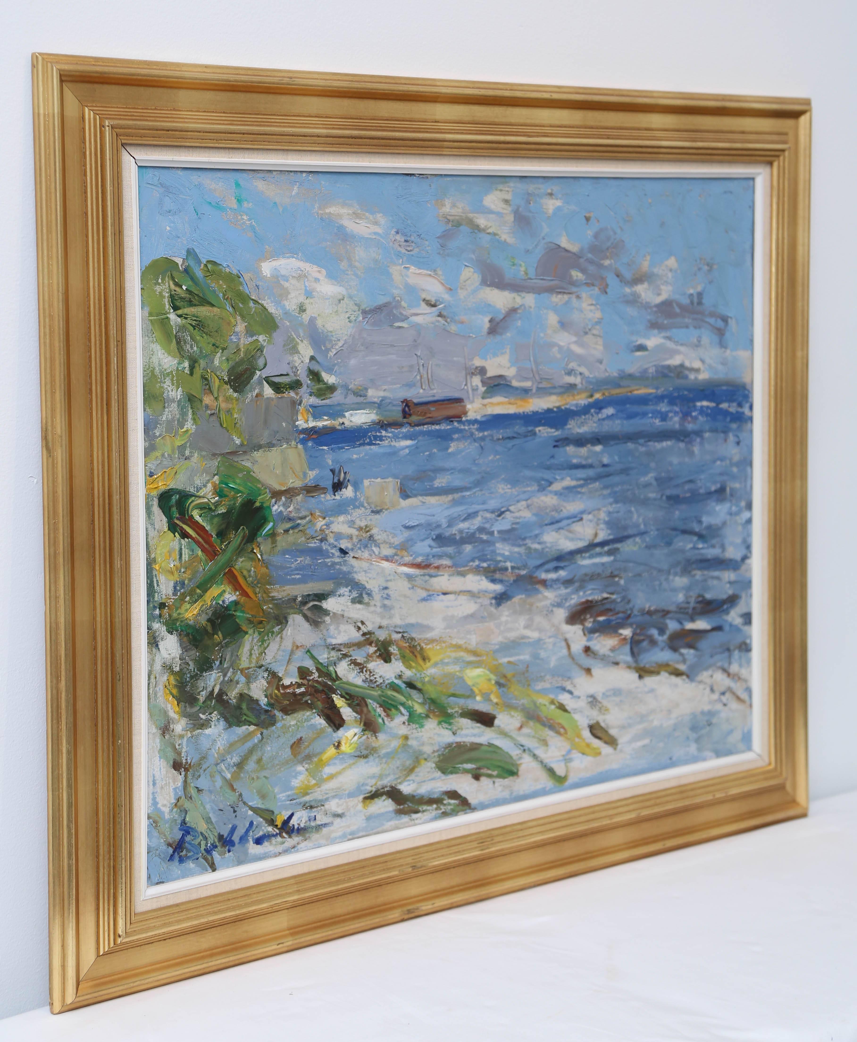 Ocean scene oil on canvas by Danish painter and sculptor Borge Bokkenheuser (1910-1976). Signed and professionally framed. A beautiful seascape painting with depth and interest.

Measures: 38.25'' wide
32.75''high
1.5''deep.