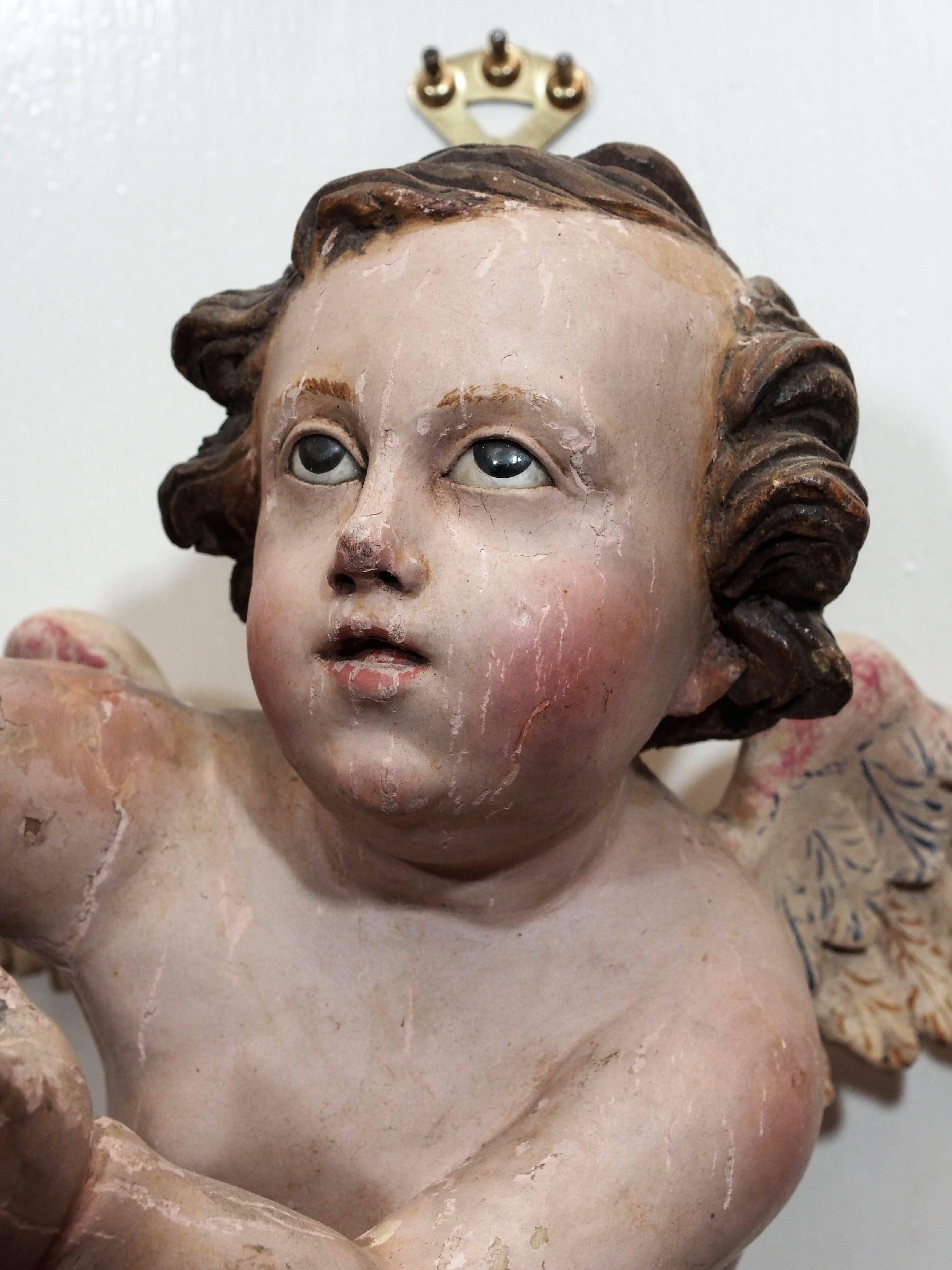 18th Century and Earlier Pair of Painted Carved Wood Putti with Glass Eyes