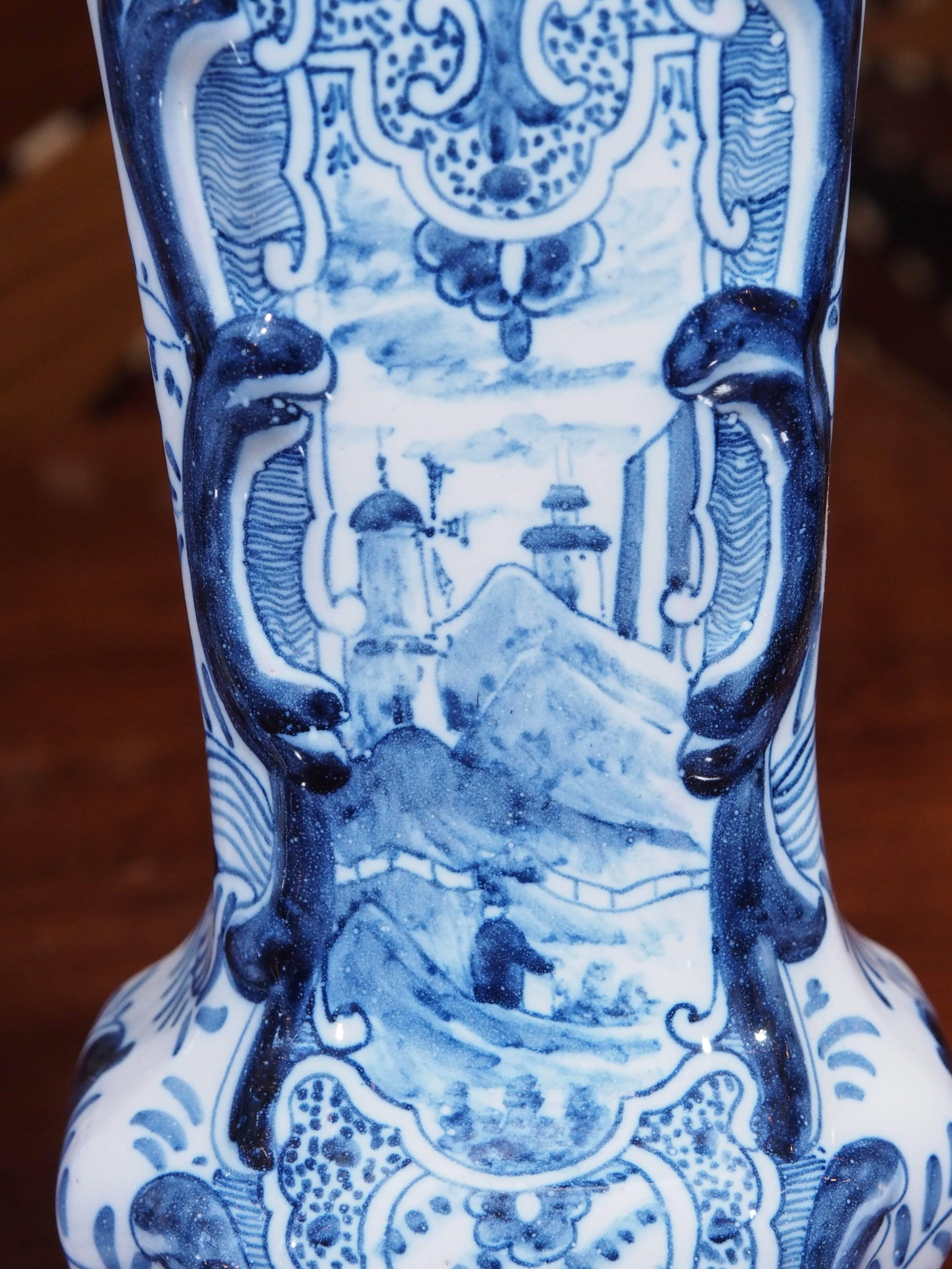 Dutch Pair of 19th Century Delft Trumpet Form Vases For Sale