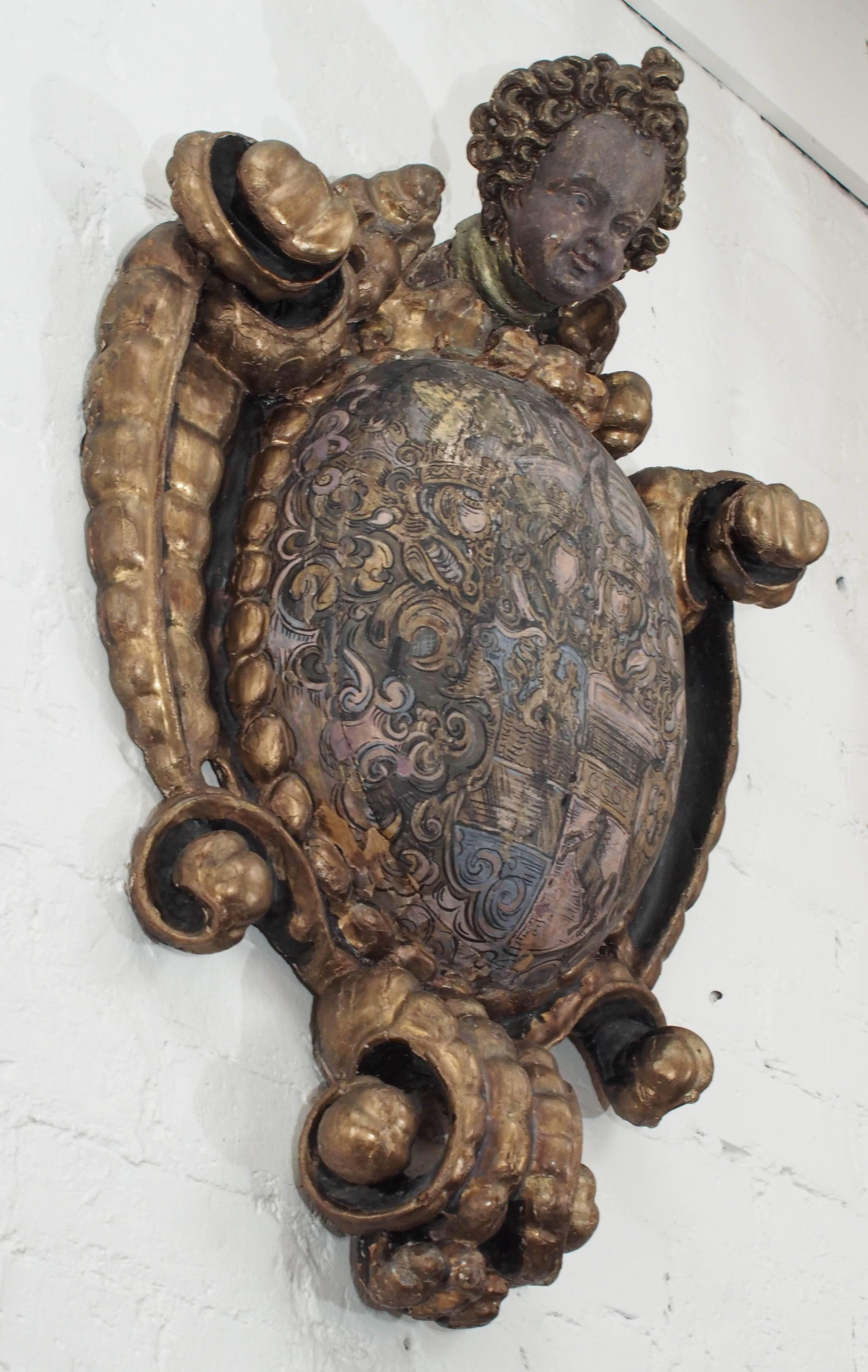 Spanish Putto Mounted Carved Wood Amorial Crest 3