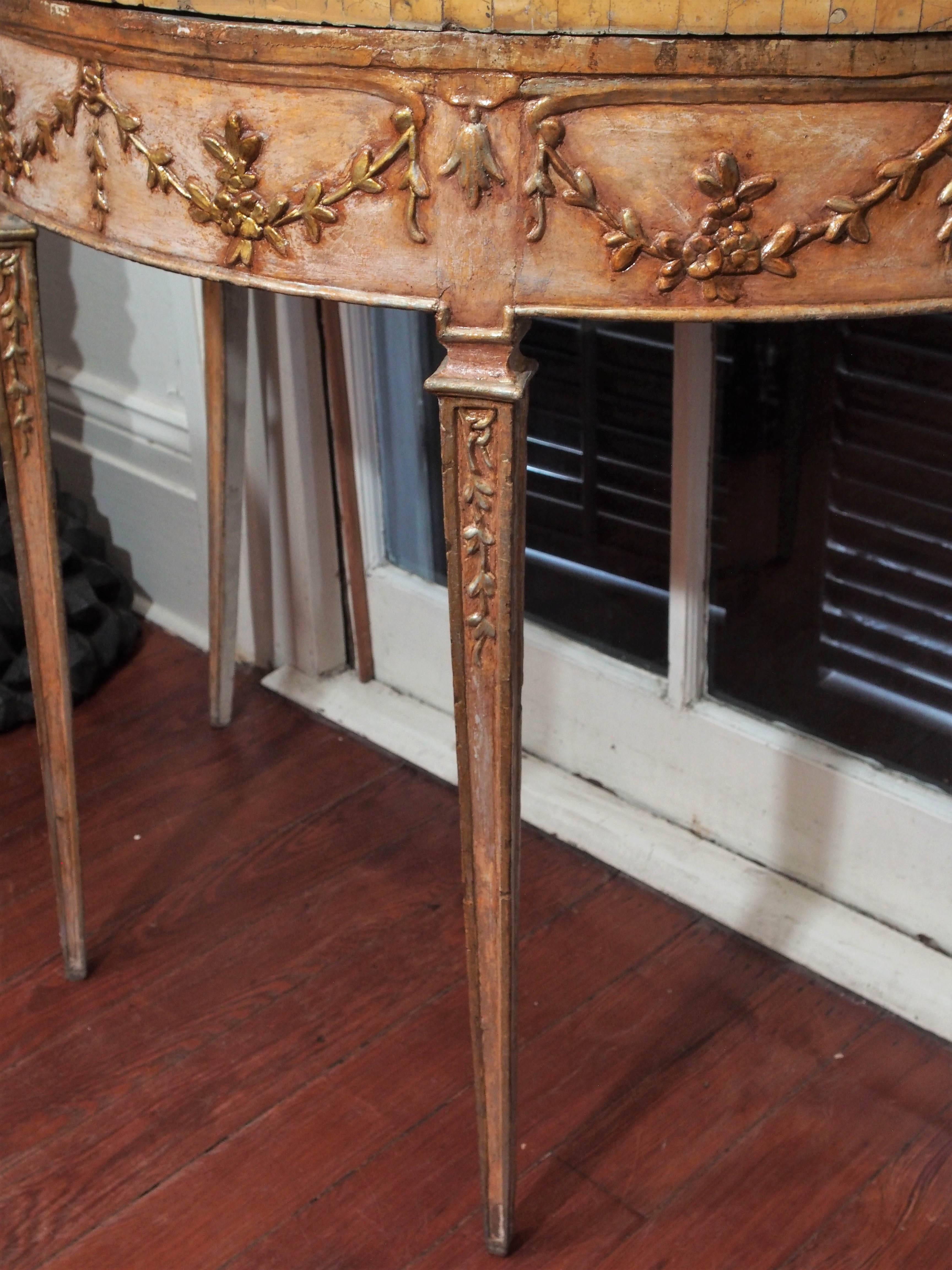 Pair of Italian Louis XVI Parcel Gilt and Painted Demilune Console Tables 1