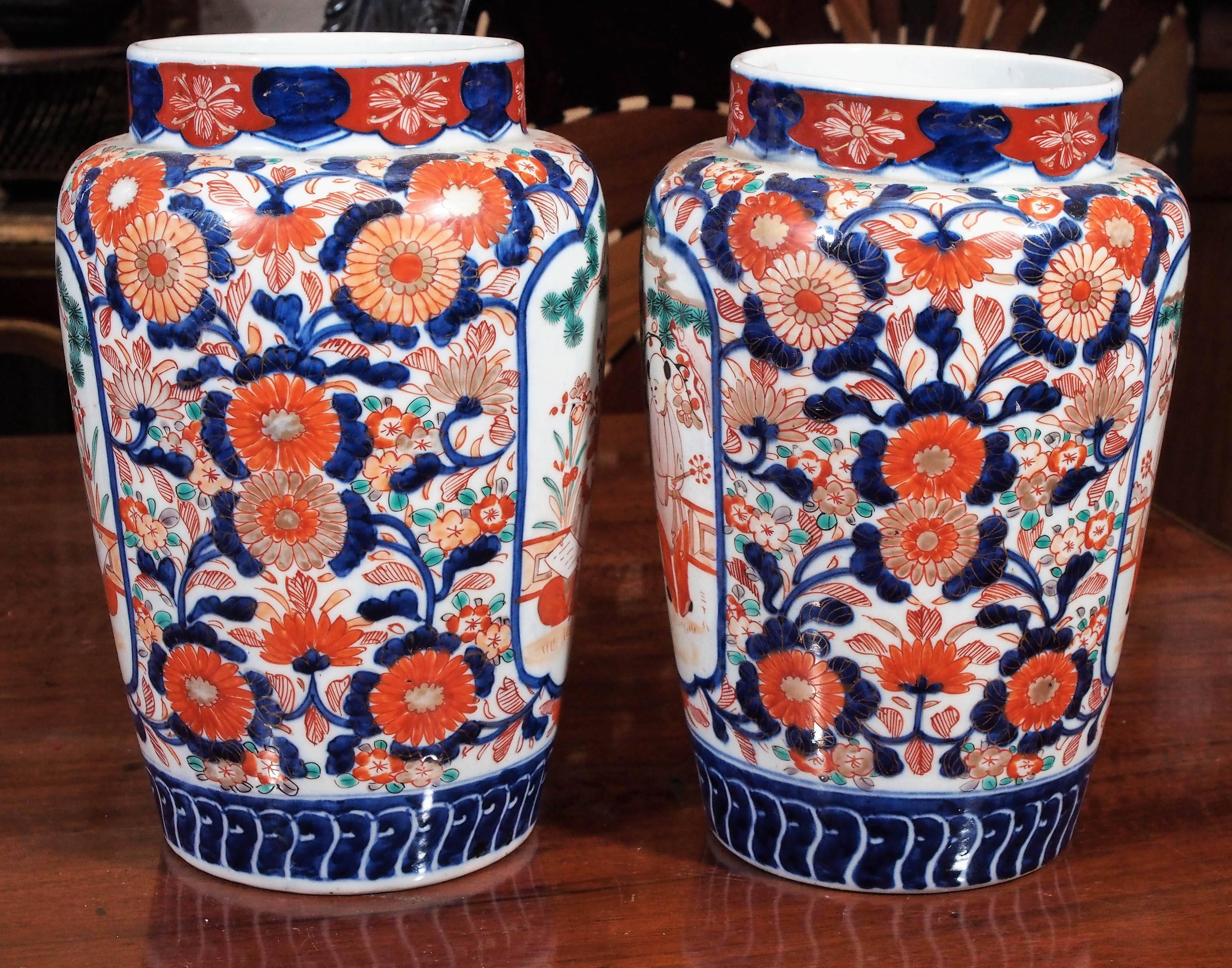 Late 19th Century Pair of Imari Ribbed Jars with Small Boys in a Garden