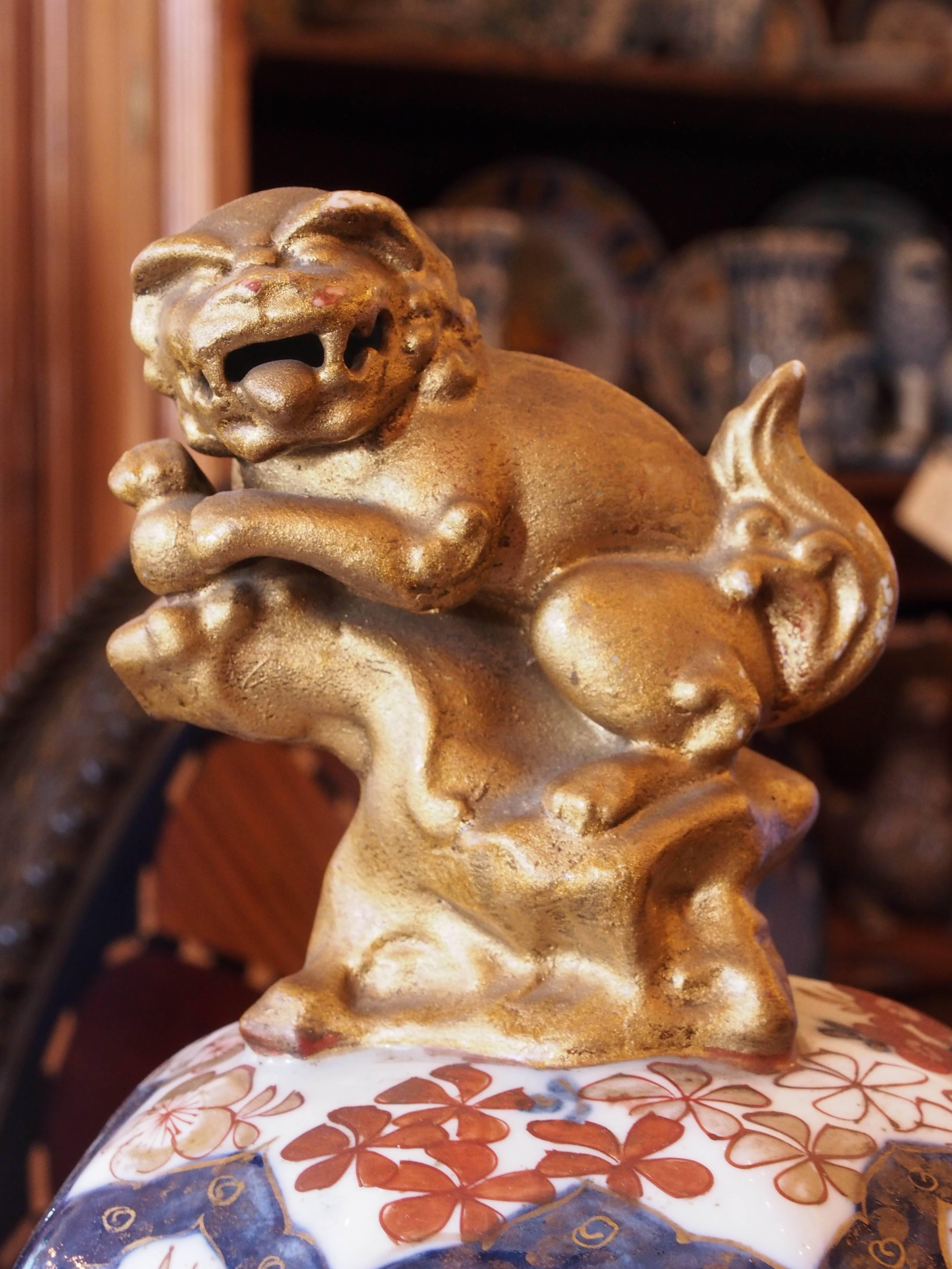 Large Japanese Imari jar with foo dog finial lid.
 