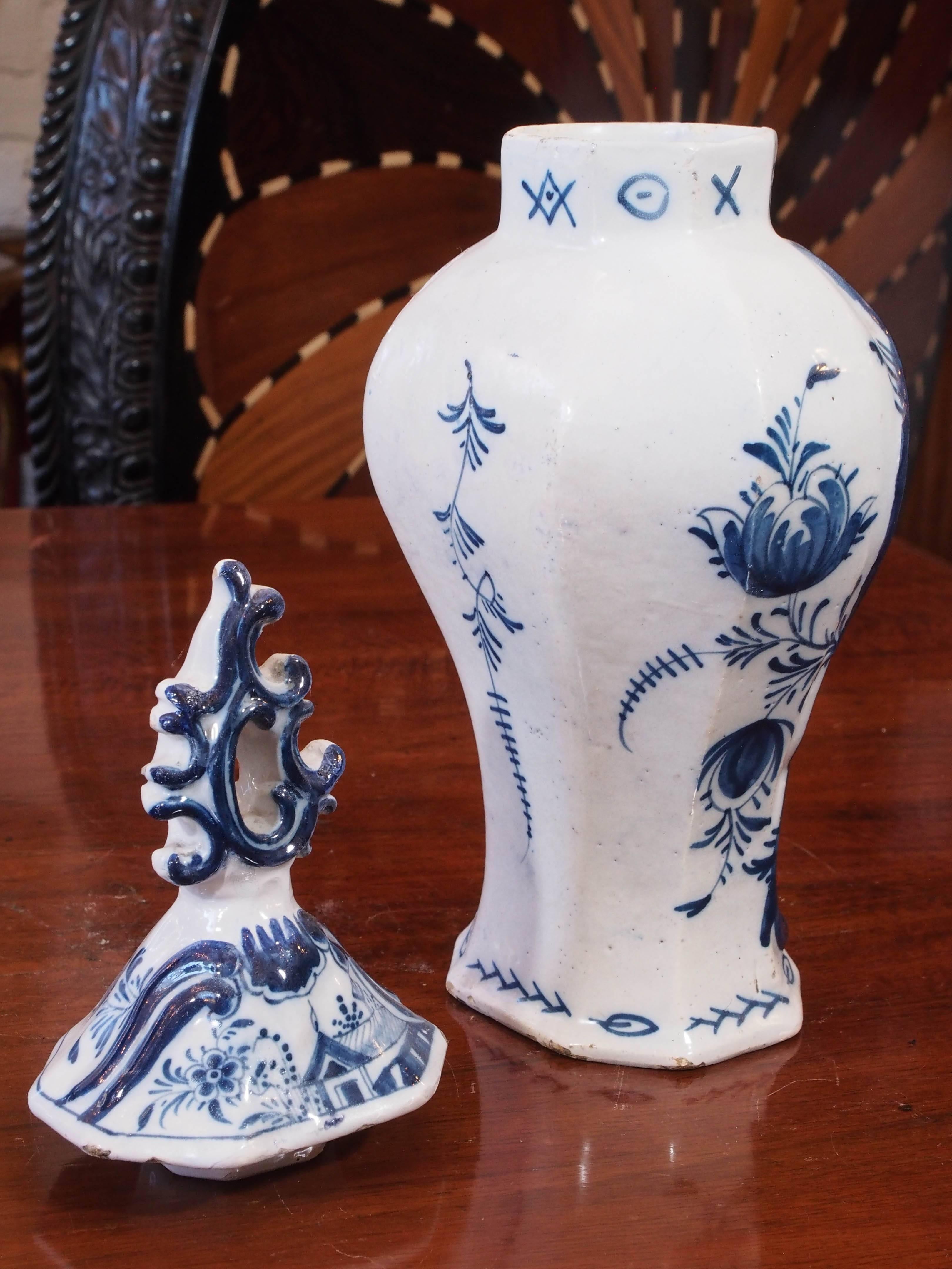 18th Century Pair of Delft Blue and White Lidded Garniture Vases