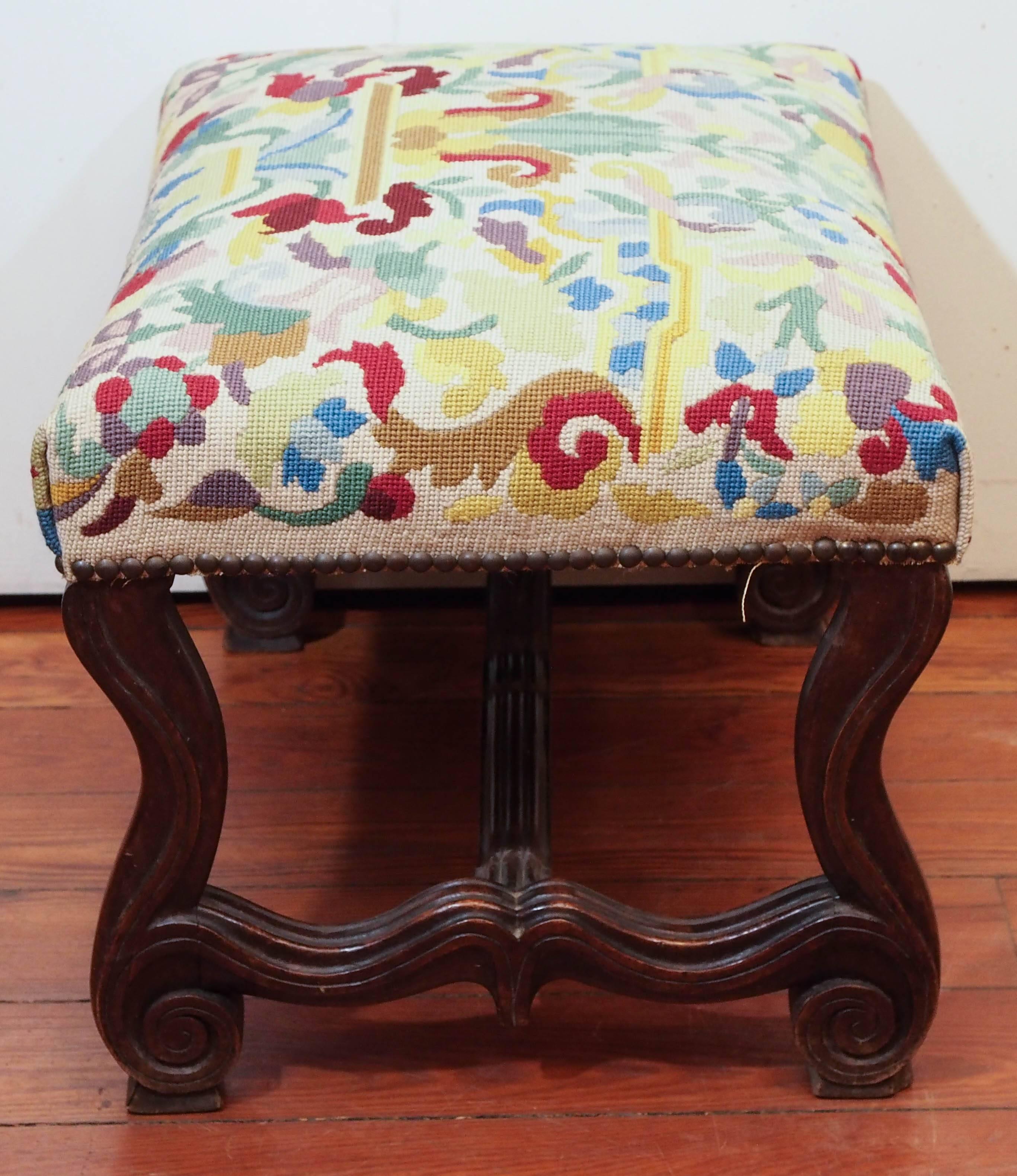 Louis XIV French Walnut Stool with Needlepoint Cover