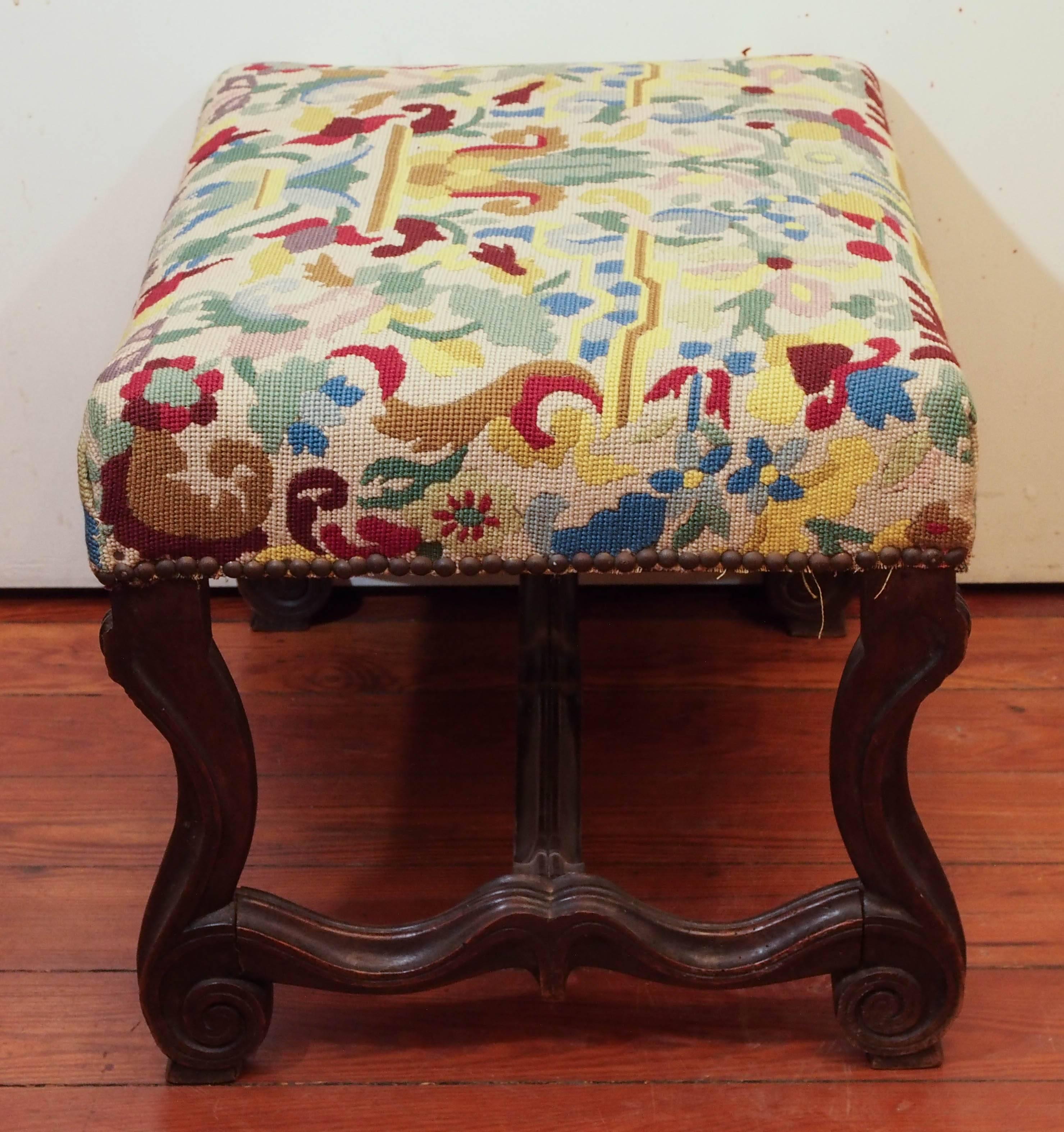 Louis XIV French 19th Century Walnut Stool with Needlepoint Cover