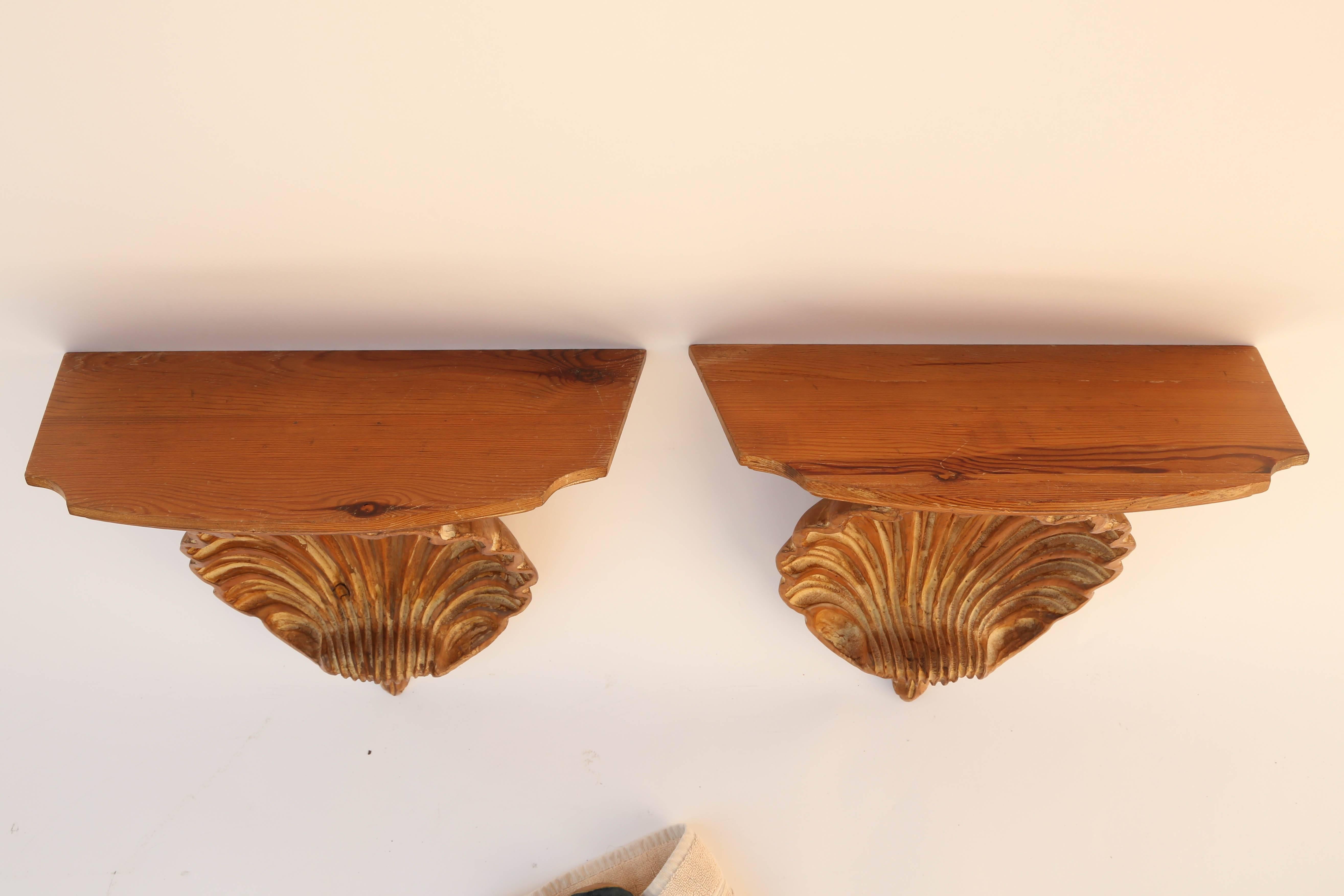 Hand-Carved Pair of Scallop Shell Wall Shelves