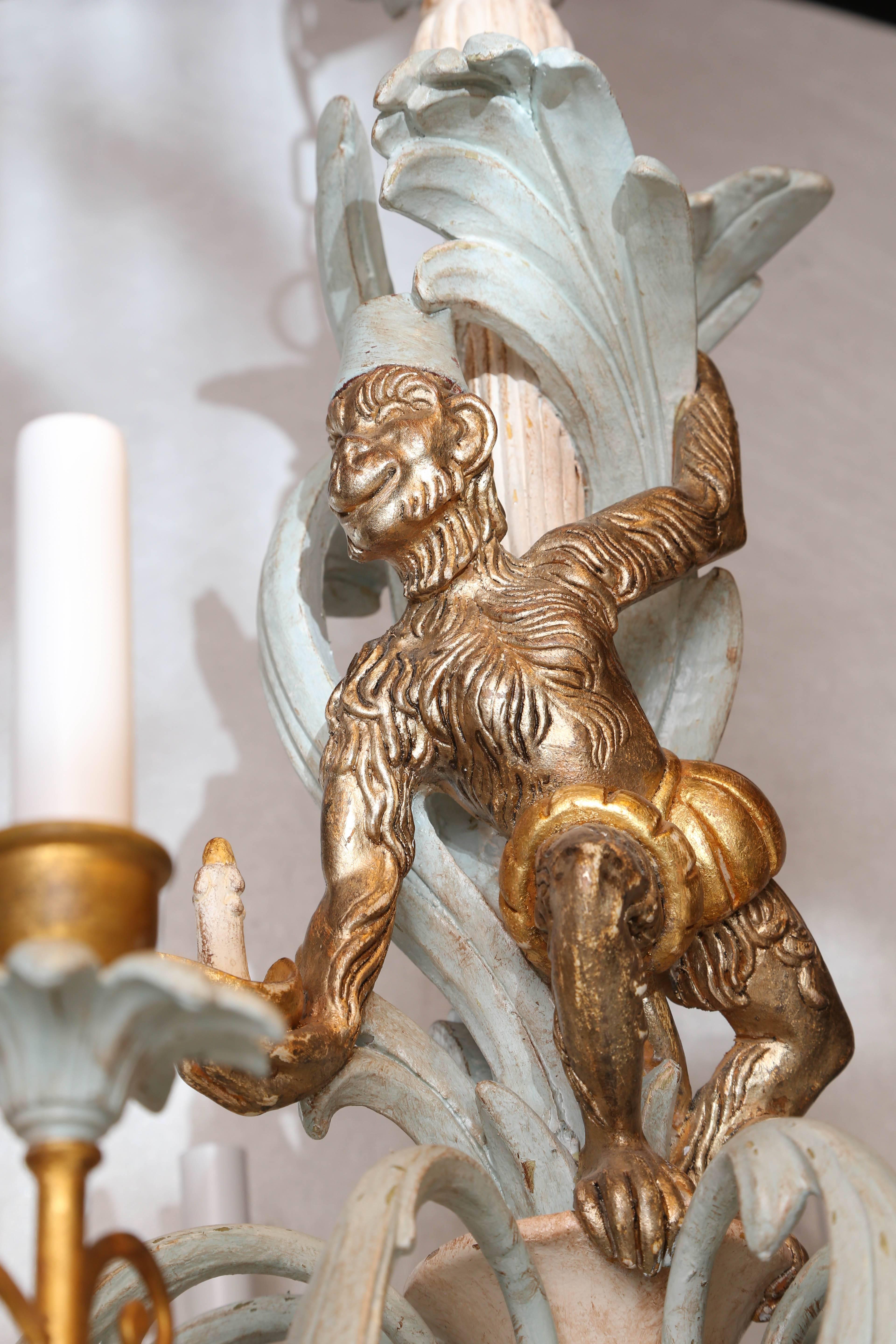Hollywood Regency Italian Foliate Chandelier Carved with Whimsical Monkey