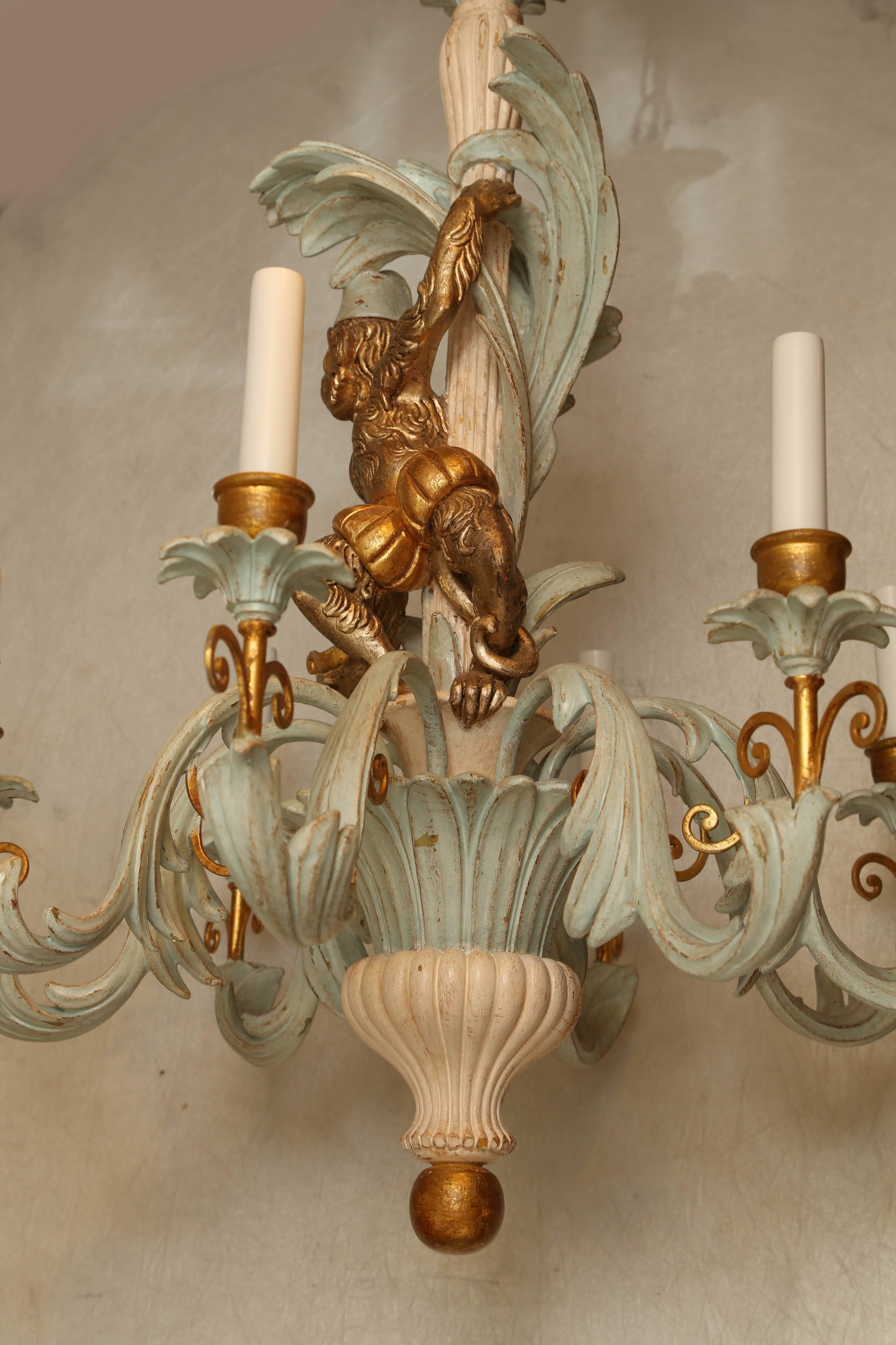 Late 20th Century Italian Foliate Chandelier Carved with Whimsical Monkey