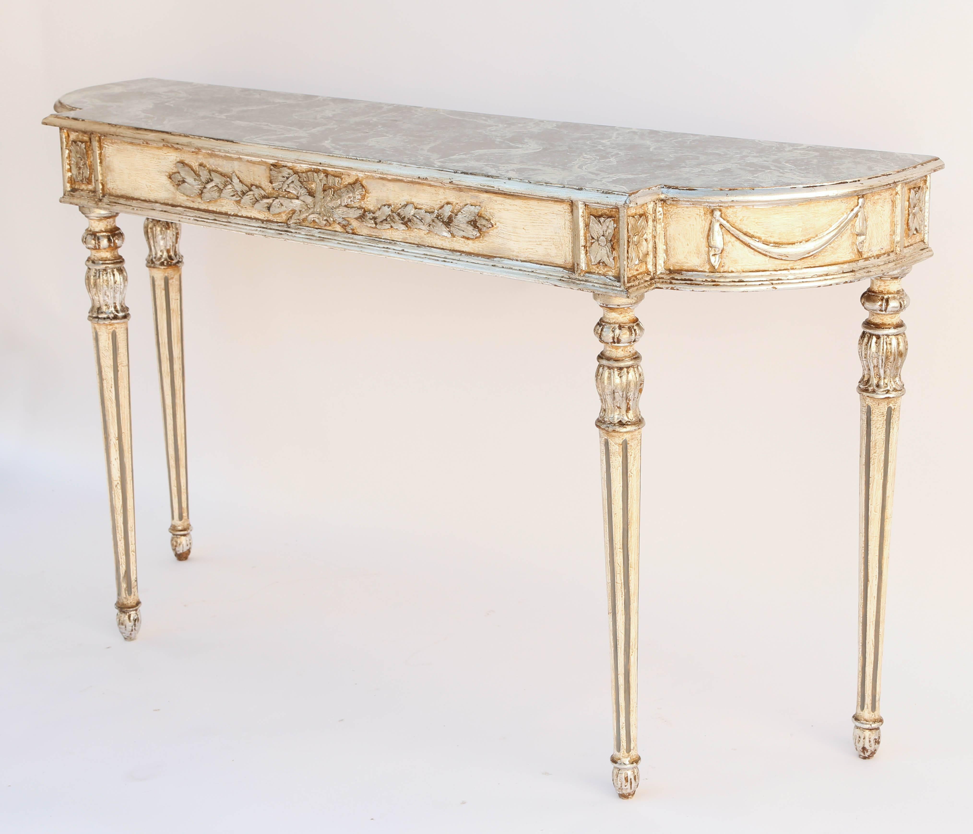 Italian Painted and Parcel Gilt Louis XVI Console with Faux Marble Top In Excellent Condition In West Palm Beach, FL