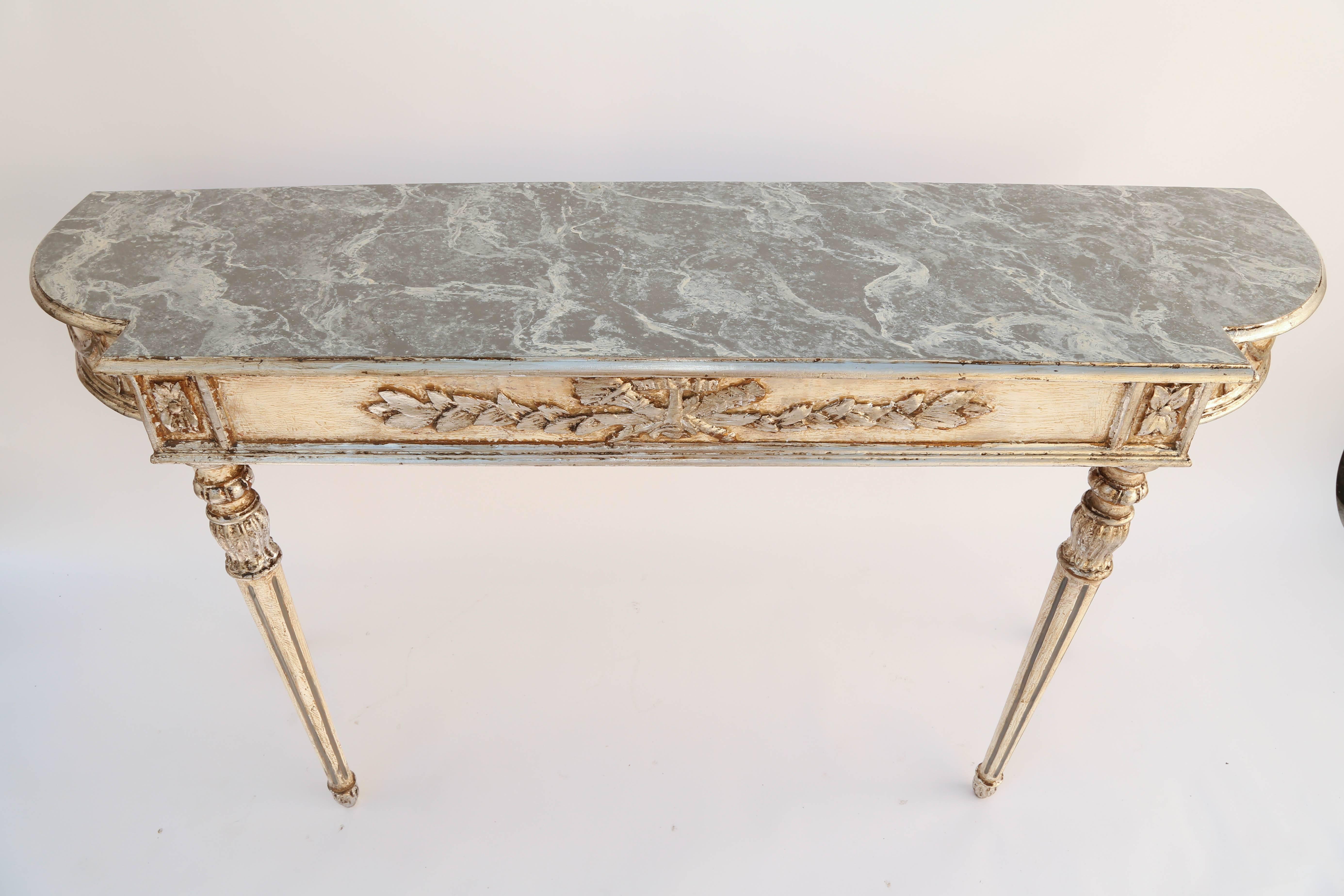 Mid-20th Century Italian Painted and Parcel Gilt Louis XVI Console with Faux Marble Top