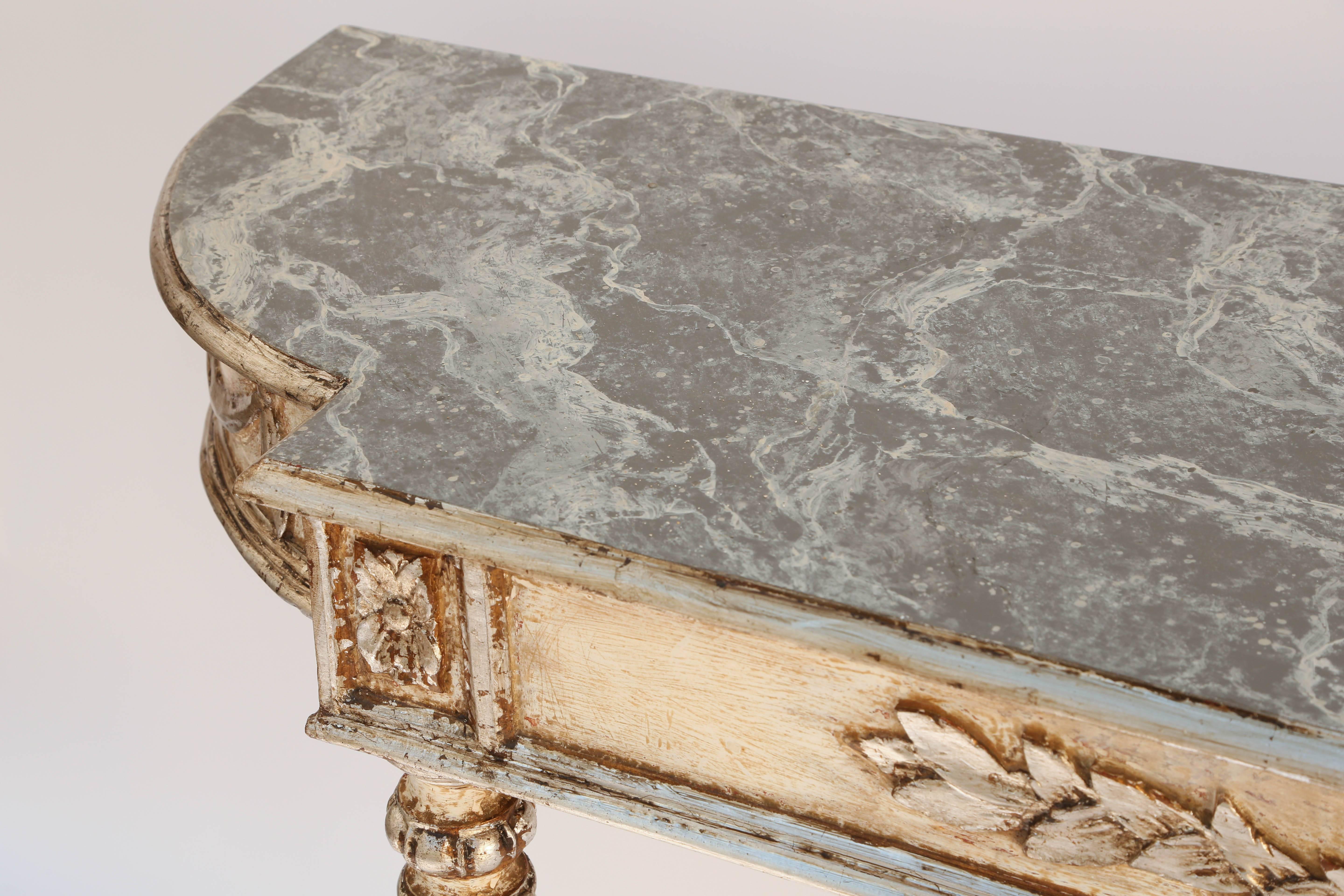 Wood Italian Painted and Parcel Gilt Louis XVI Console with Faux Marble Top