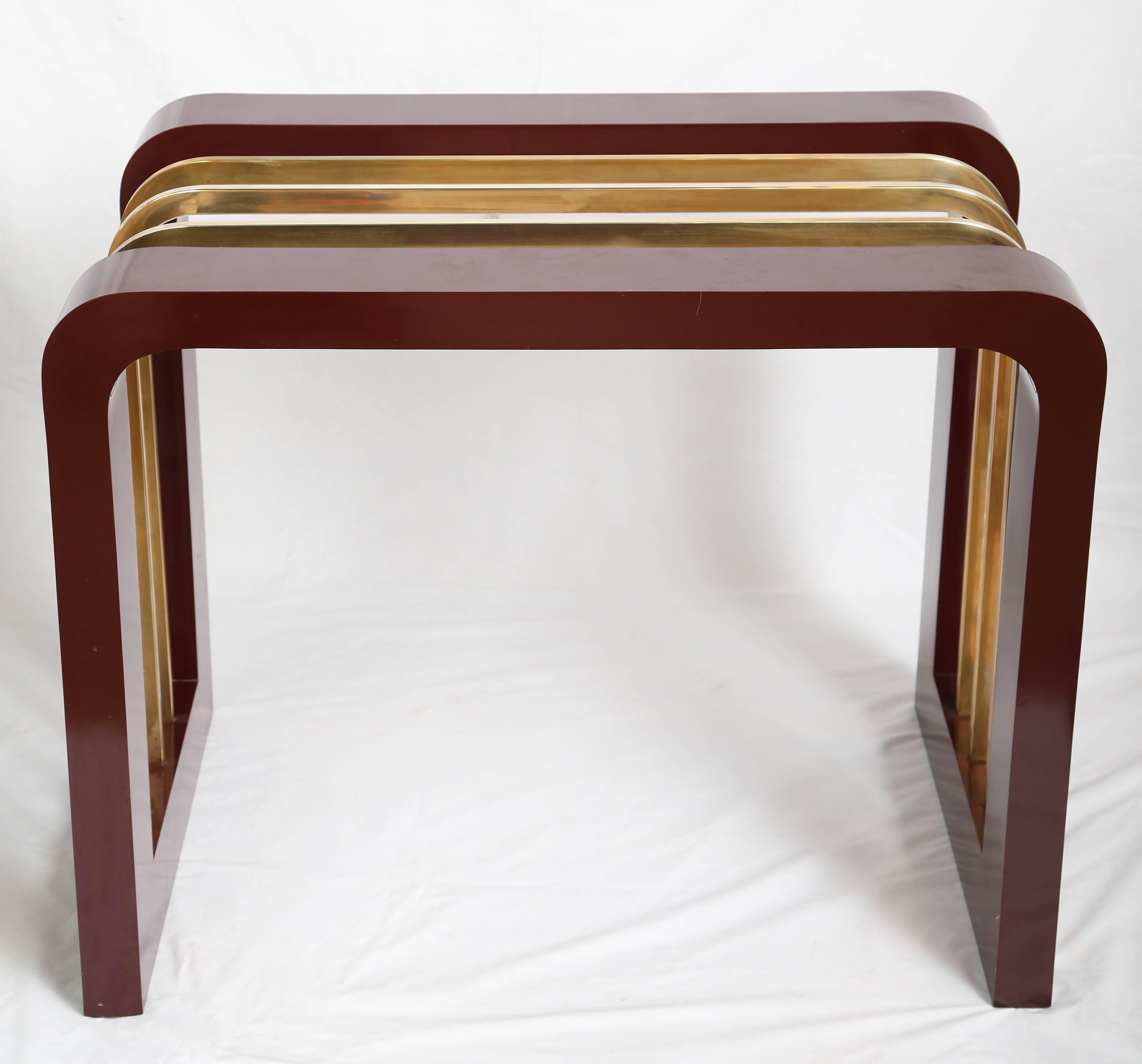 Mid-Century Modern 1970' Burgundy High Gloss Formica and Brass Dining Table or Desk 